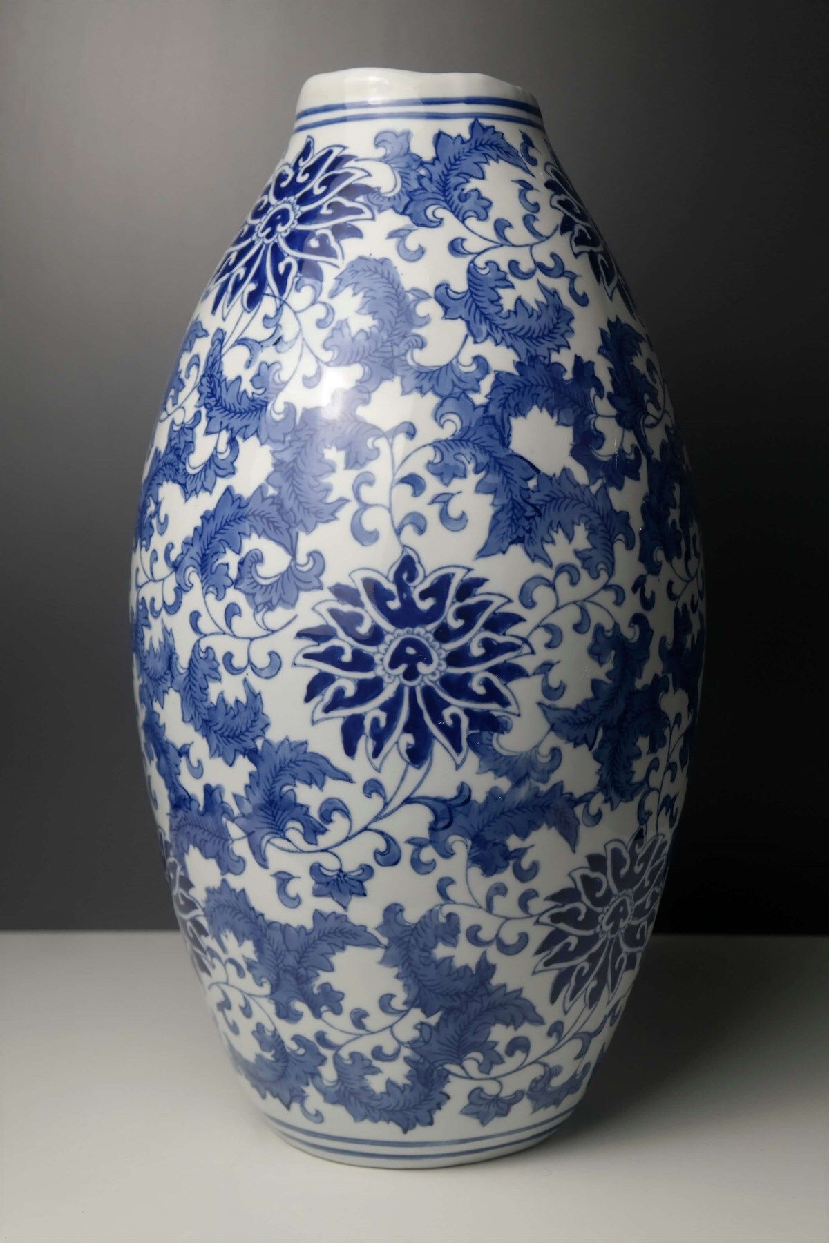 Joy Home Blue Blanc Çiçek Desenli Seramik Vazo 40 Cm