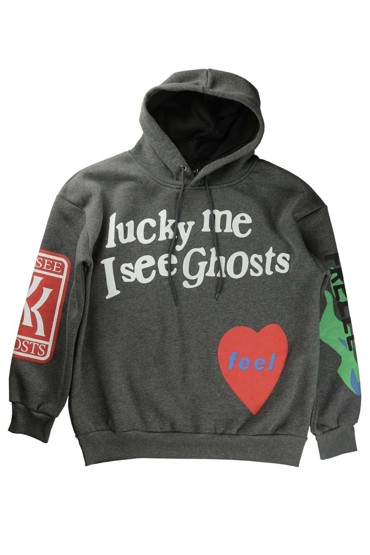 BlackHorn Lucky Me I See Ghosts Kanye Baskılı Kapüşonlu Oversize Sweatshirt