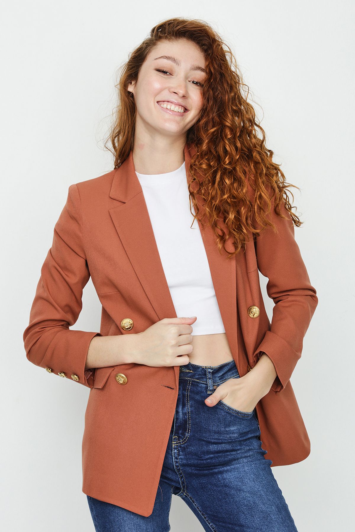 Select Moda Kadın Tarçın Gold Düğmeli Blazer Ceket