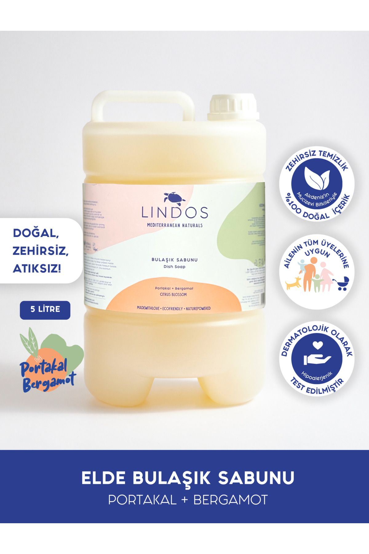 Lindos Doğal Elde Bulaşık Deterjanı %100 Bitkisel Güçlü Ekonomik Portakal&bergamot Yağlı - 5L