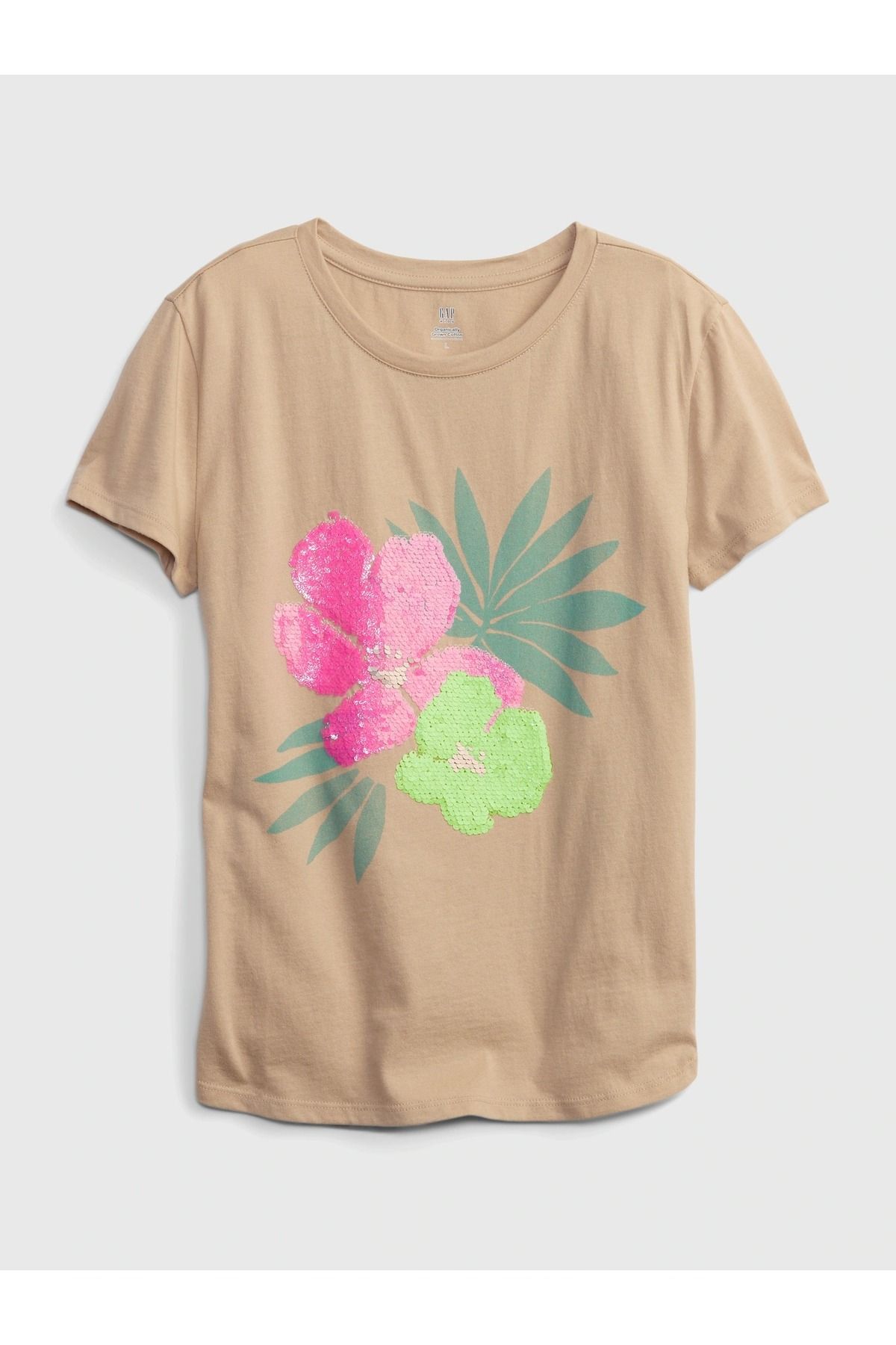 GAP Kız Çocuk Kahverengi Işleme Detaylı Kısa Kollu T-shirt