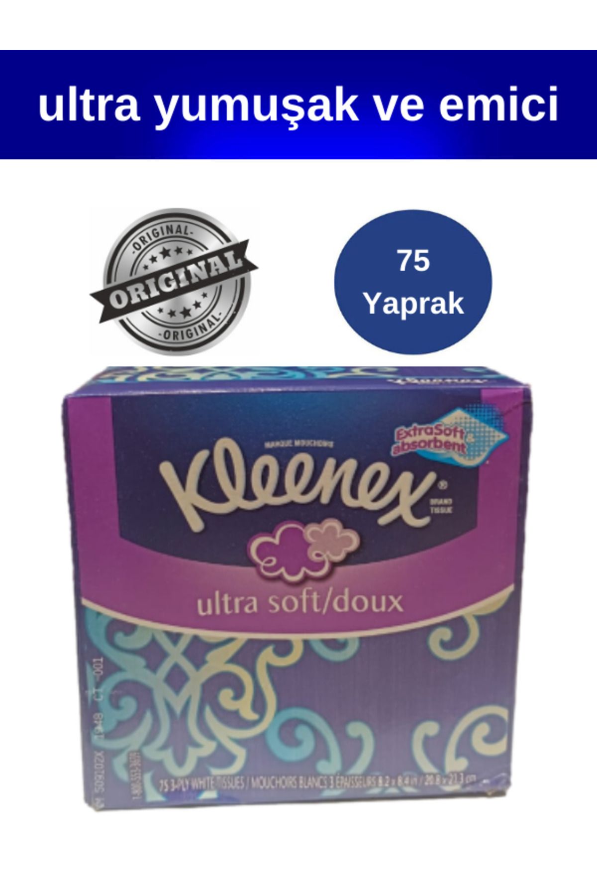  Kleenex UltraSoft Emici UltraExtra Soft Abberden YumuşakHisli ParçaBırakmayan Küp KutuMendil 75 Kağıt(İthal)