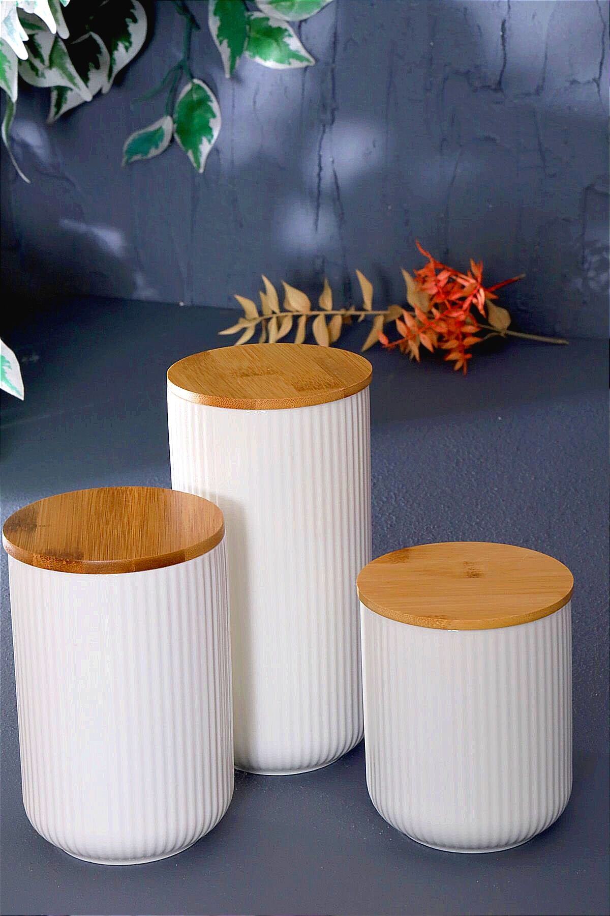 behila 3 Boy Porselen Bambu Kapaklı Çay Şeker Tuz Kavanoz Seti