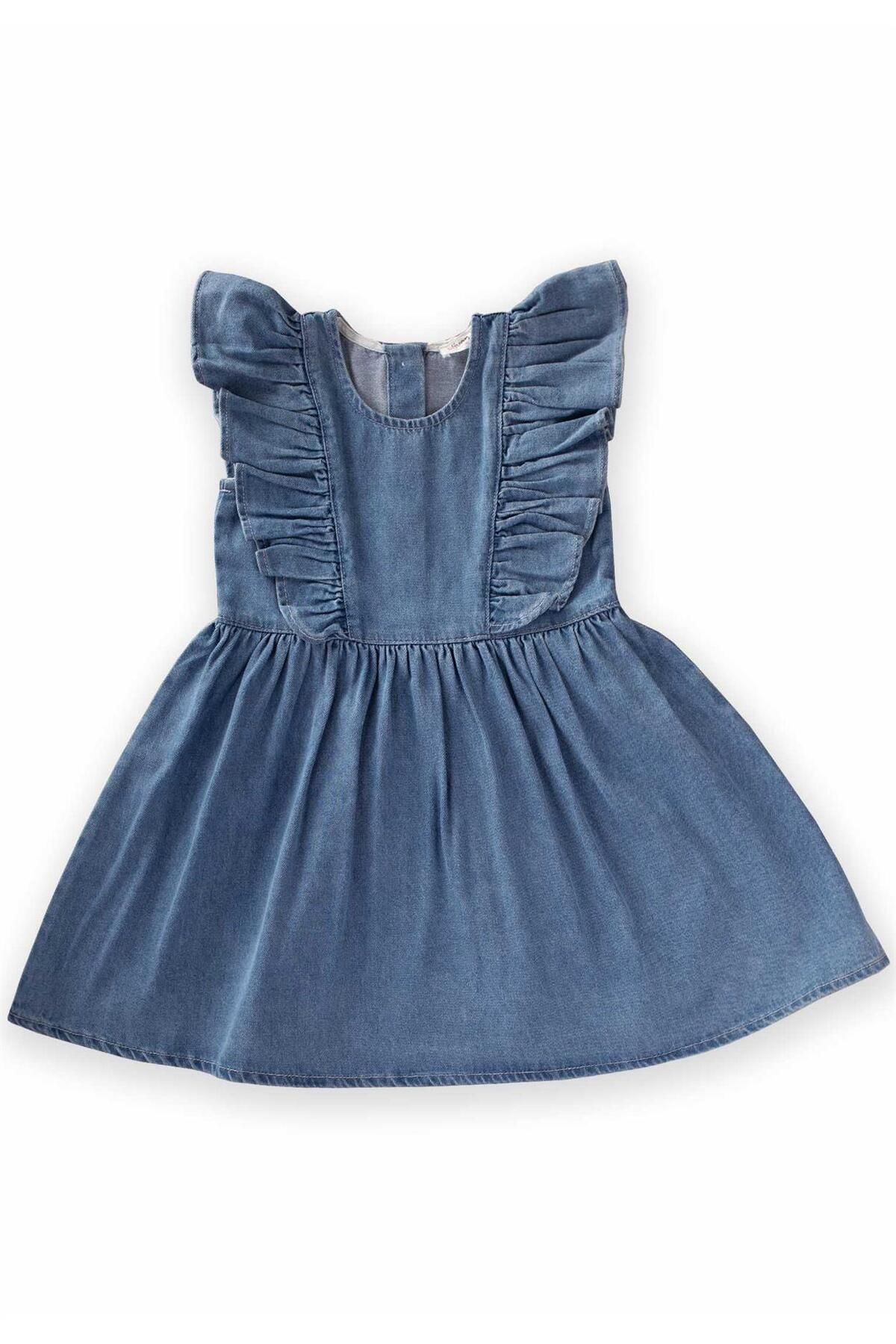 Cigit Omuzdan Fırfırlı Kot Elbise 2-7 Yaş Mavi