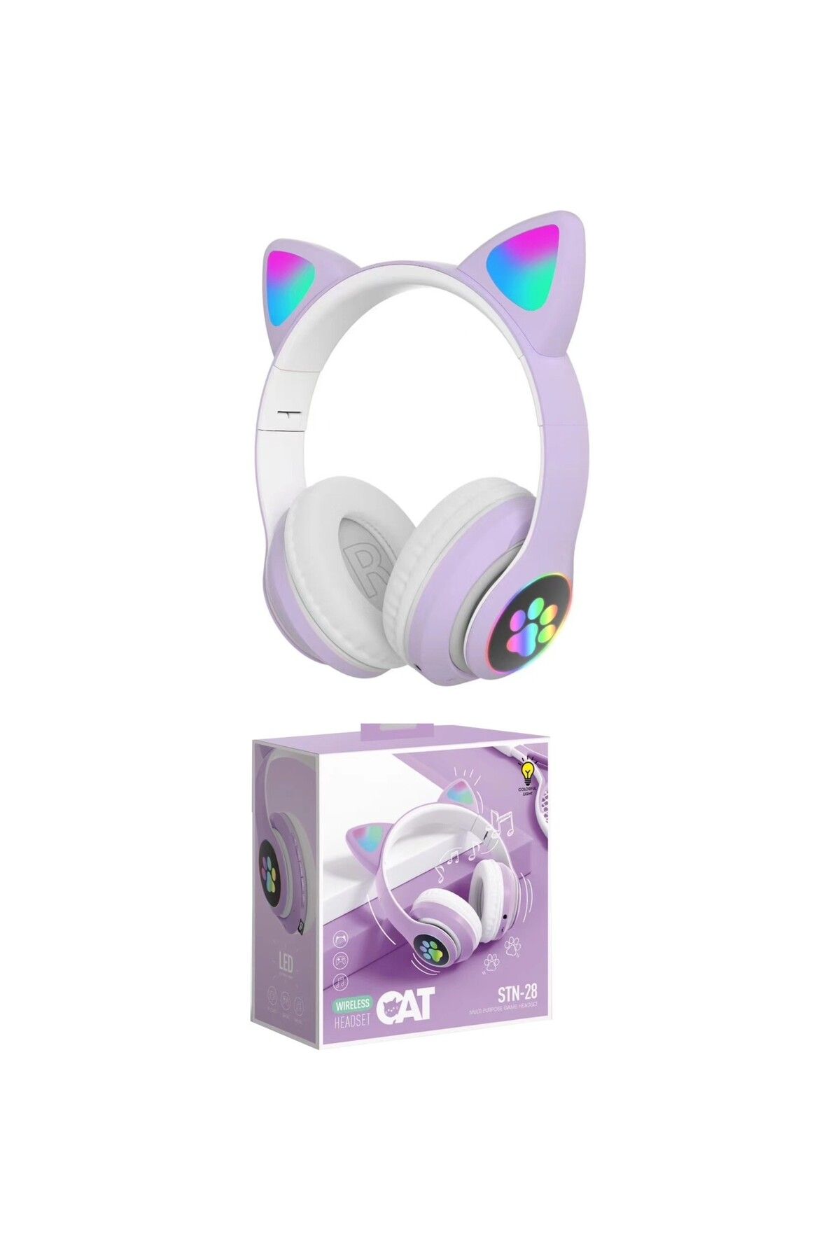 BedrStore Çocuklar Için Kedi Kulaklı Işıklı Bluetooth Kulaklık