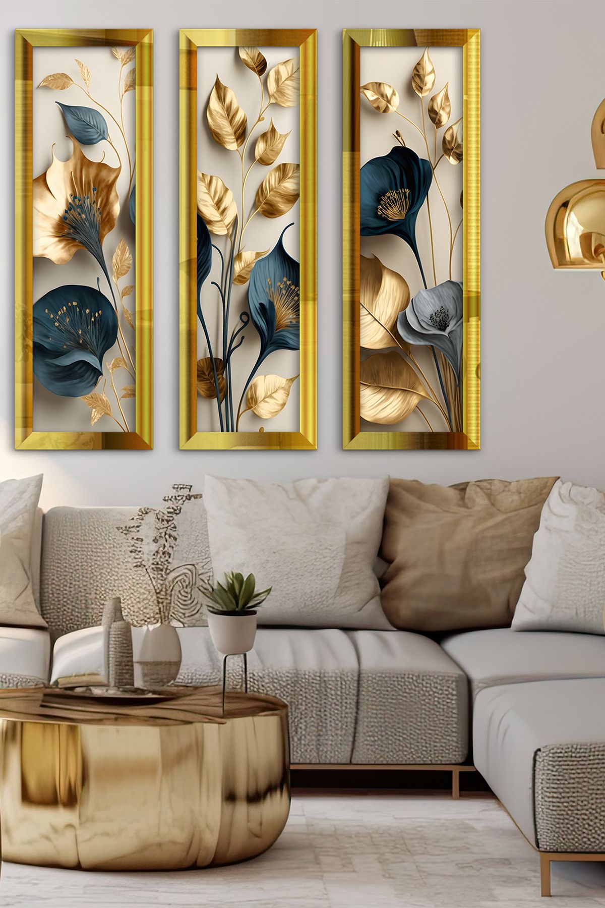 Evinemoda Zarif Altın ve Mavi Çiçekler ile Dallar Gold Pleksi Aynalı 3 Parça Tablo