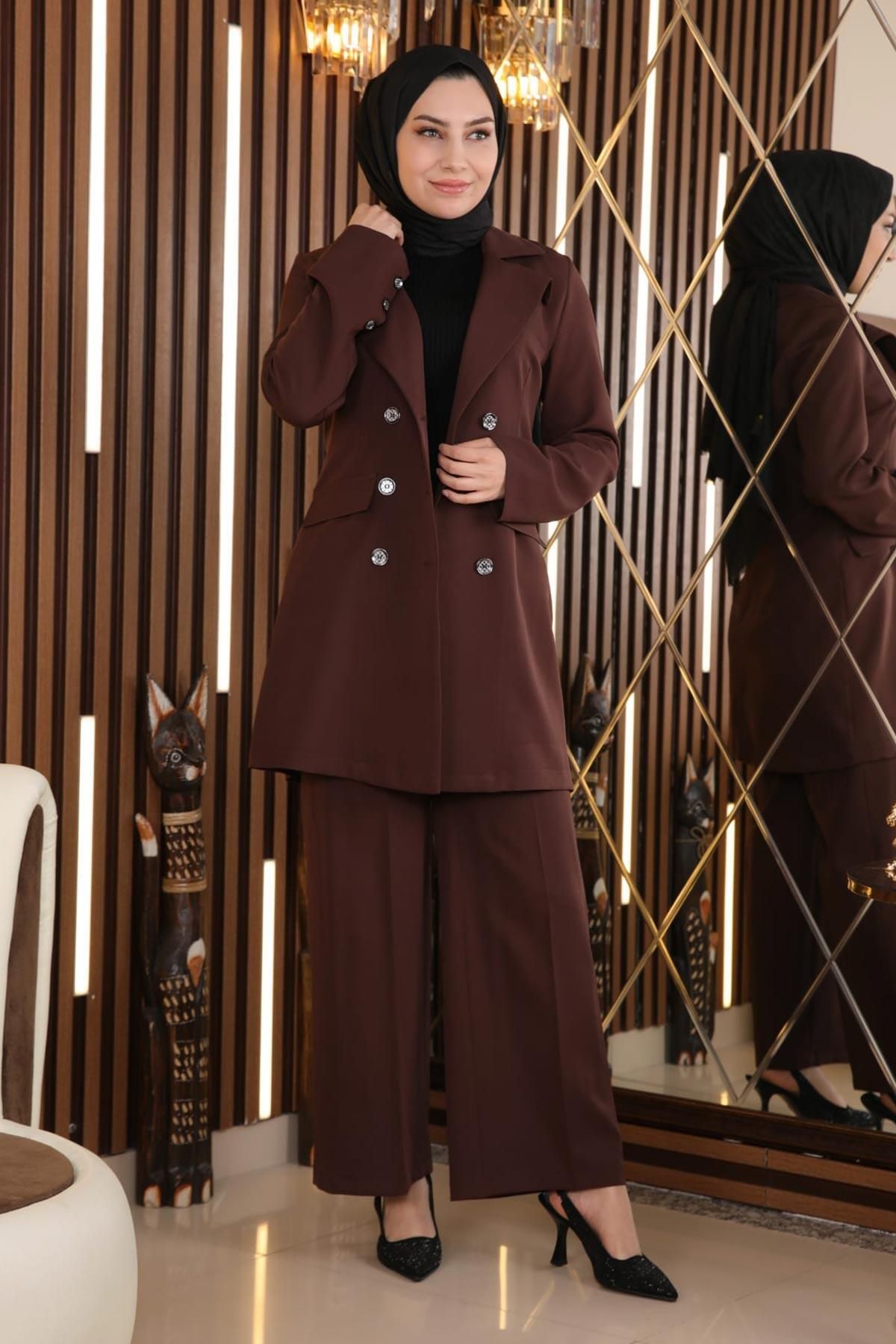 ModaMihram Ceketli Takım Kahverengi 19005