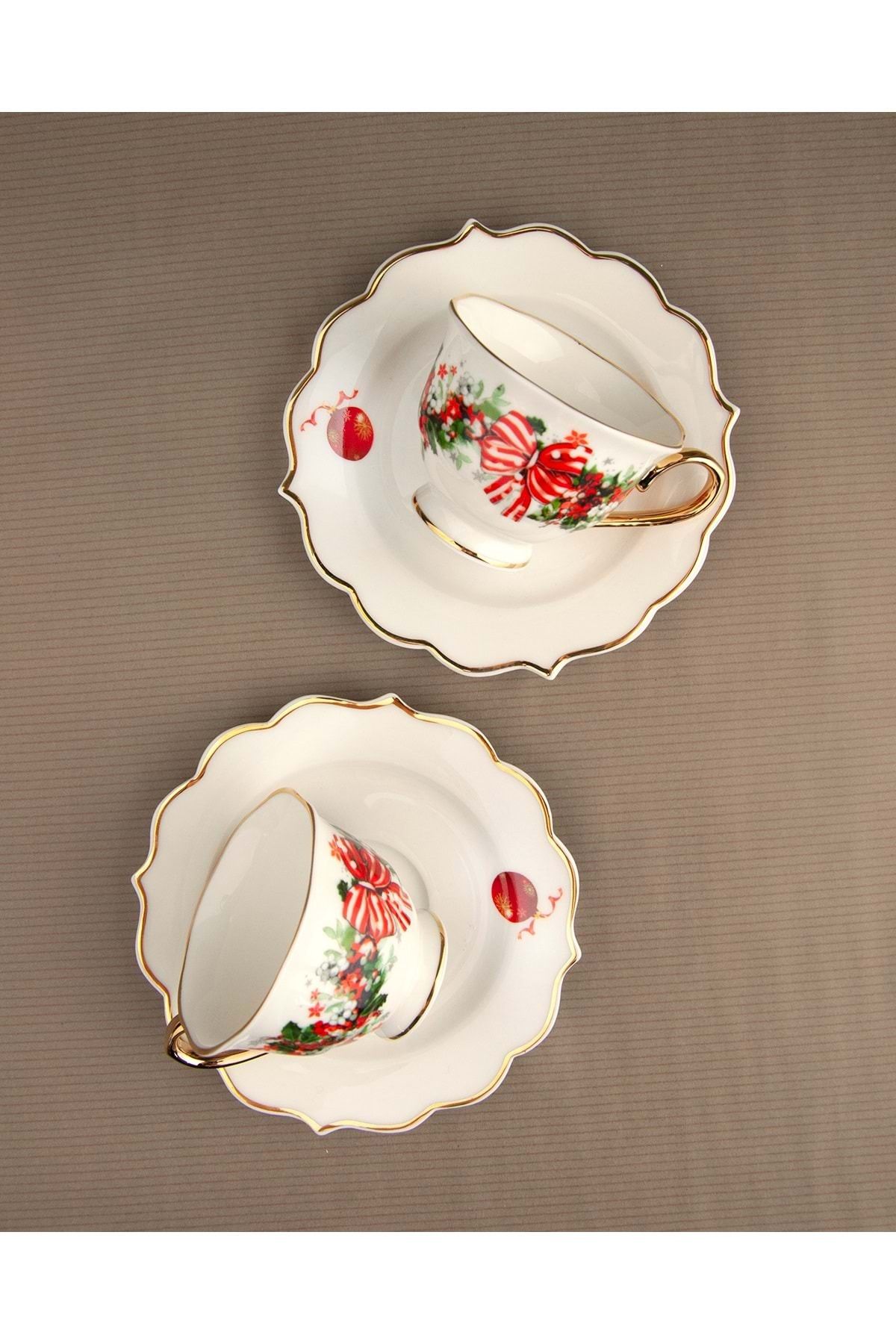 Bursa Porselen Dekor Christmas ribbon altın yaldızlı iki kişilik kahve fincan takımı