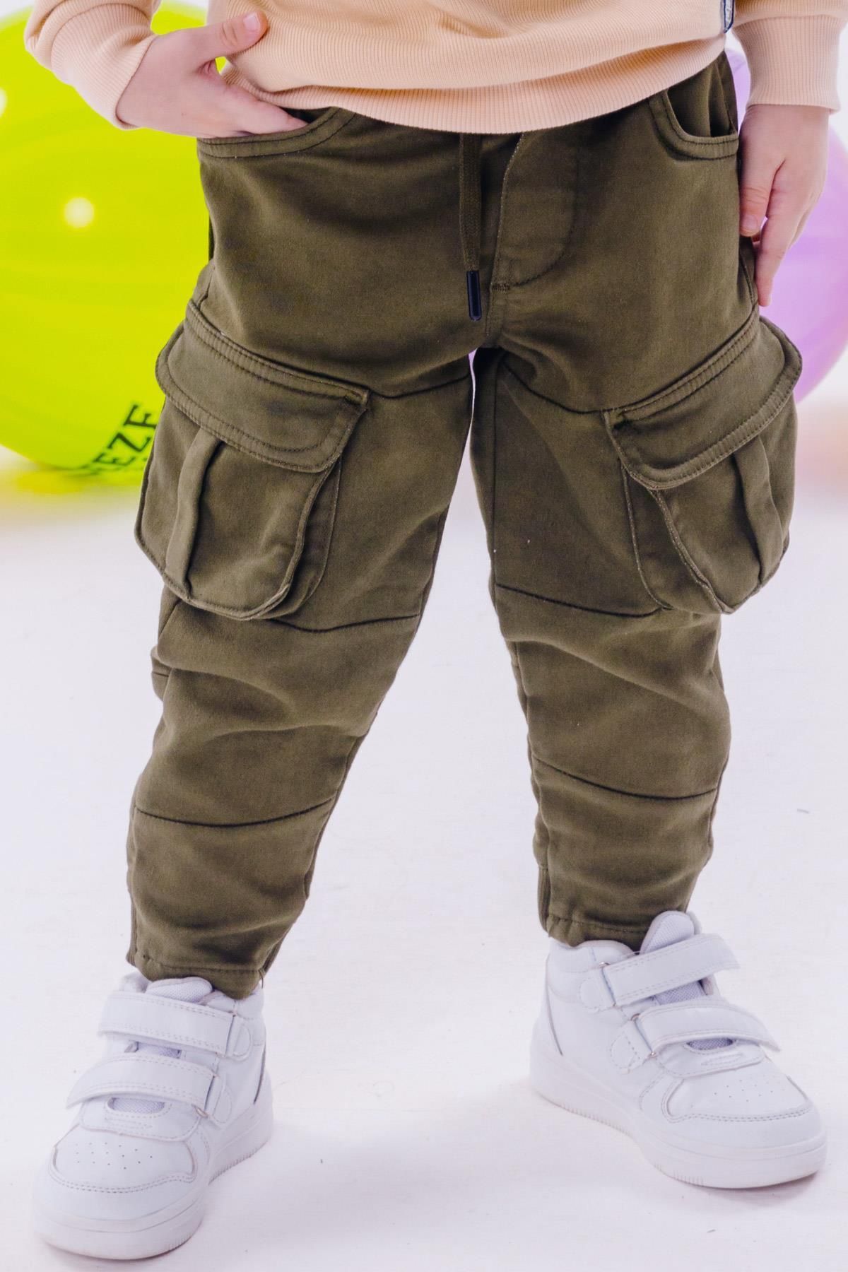 Breeze Erkek Çocuk Pantolon Kargo Cepli Beli Lastikli Koyu Haki Yeşil