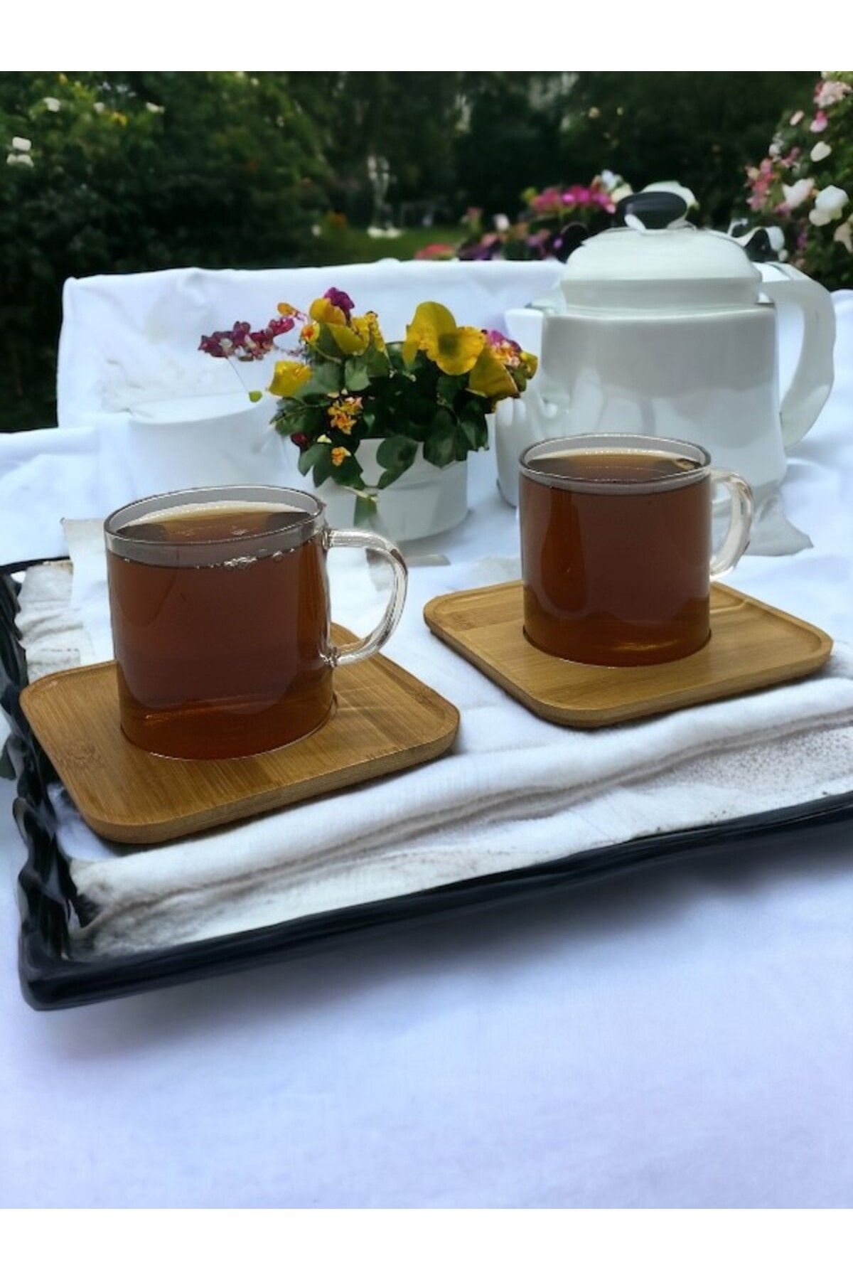 BuNeBox Bambu Tabaklı 2li Yılbaşı Cam Çay - Kahve Sunum Fincanı Seti 200 ml