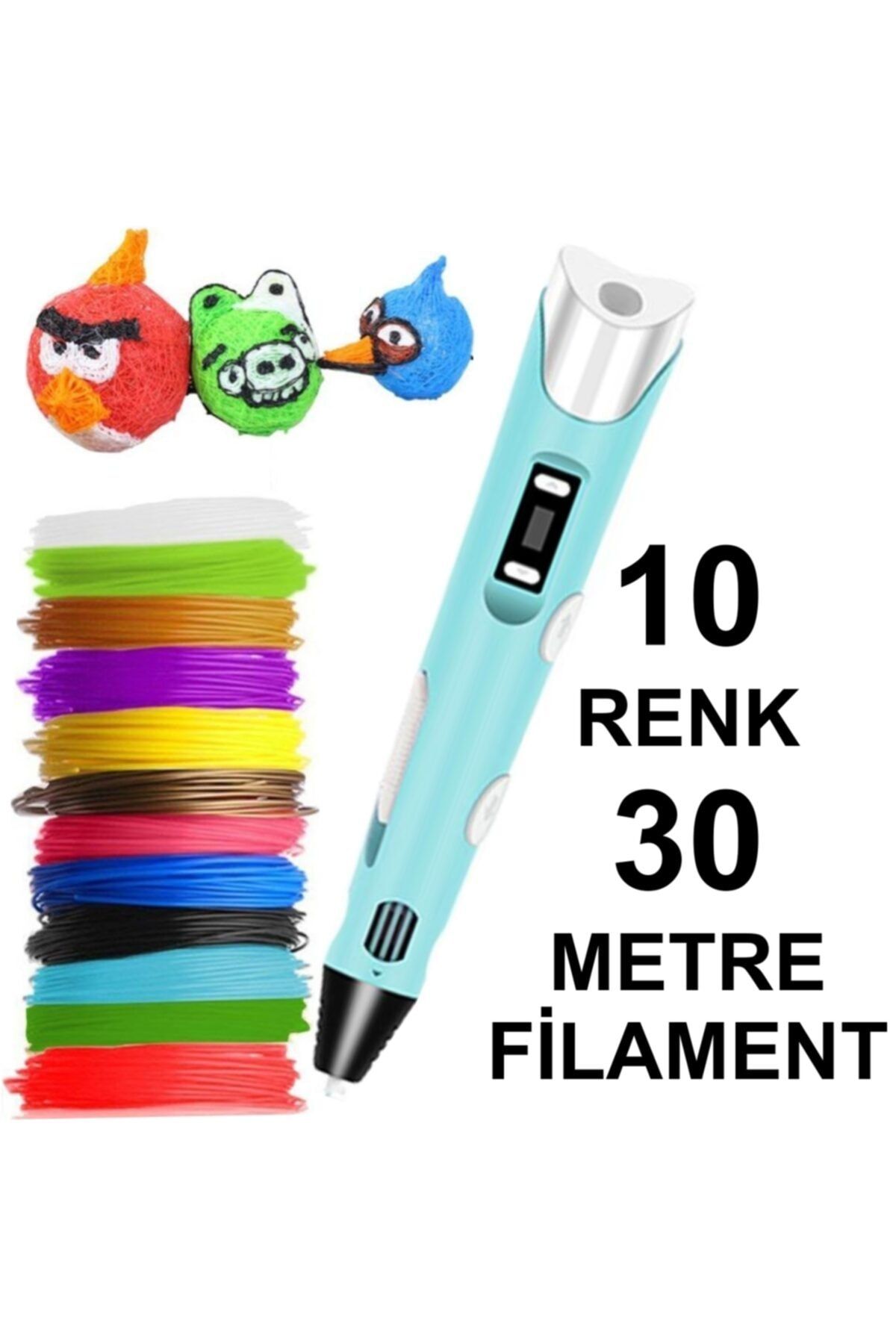 3D Mavi Kalem Yazıcı+10 Renk 30 Metre (10x3metre) Pla Filament
