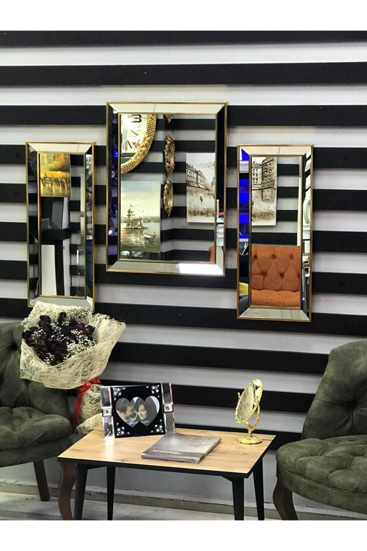 Özcam Ayna Ve Çerçeve 3'lü Dekoratif Duvar Salon Ofis Çerçeveli Ayna Altın 30x75 50x75