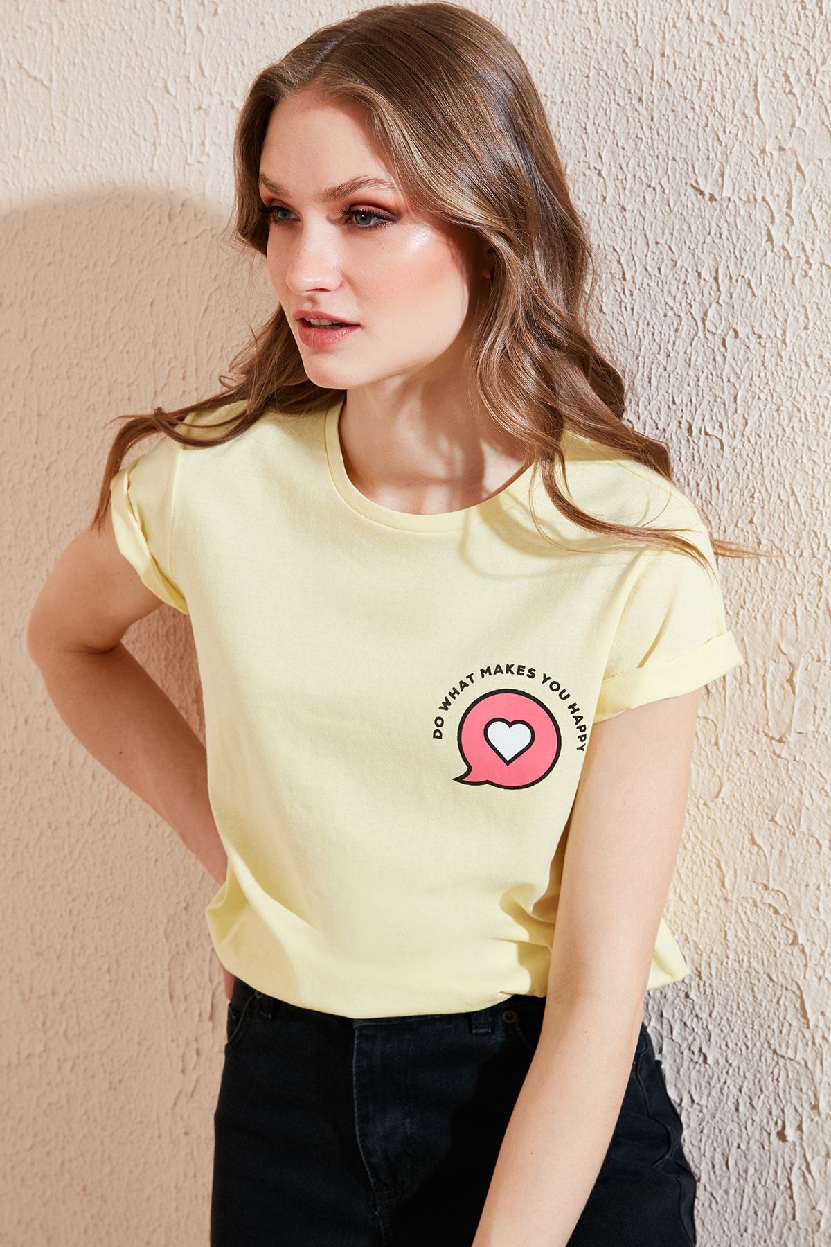 Lela Kadın Sarı Baskılı Bisiklet Yaka % 100 Pamuk T Shirt 6010024