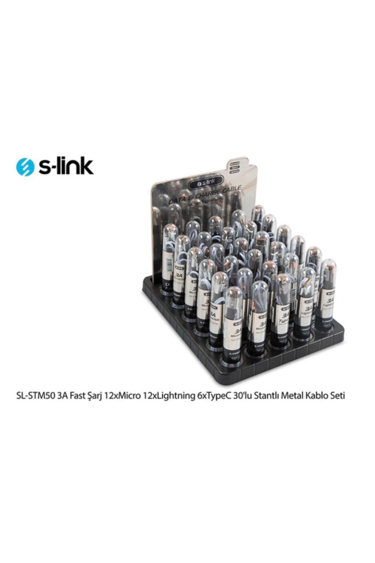 S-Link Sl-stm50 3a Fast Şarj 12xmicro 12xlightning 6xtypec 30lu Stantlı Metal Kablo Seti