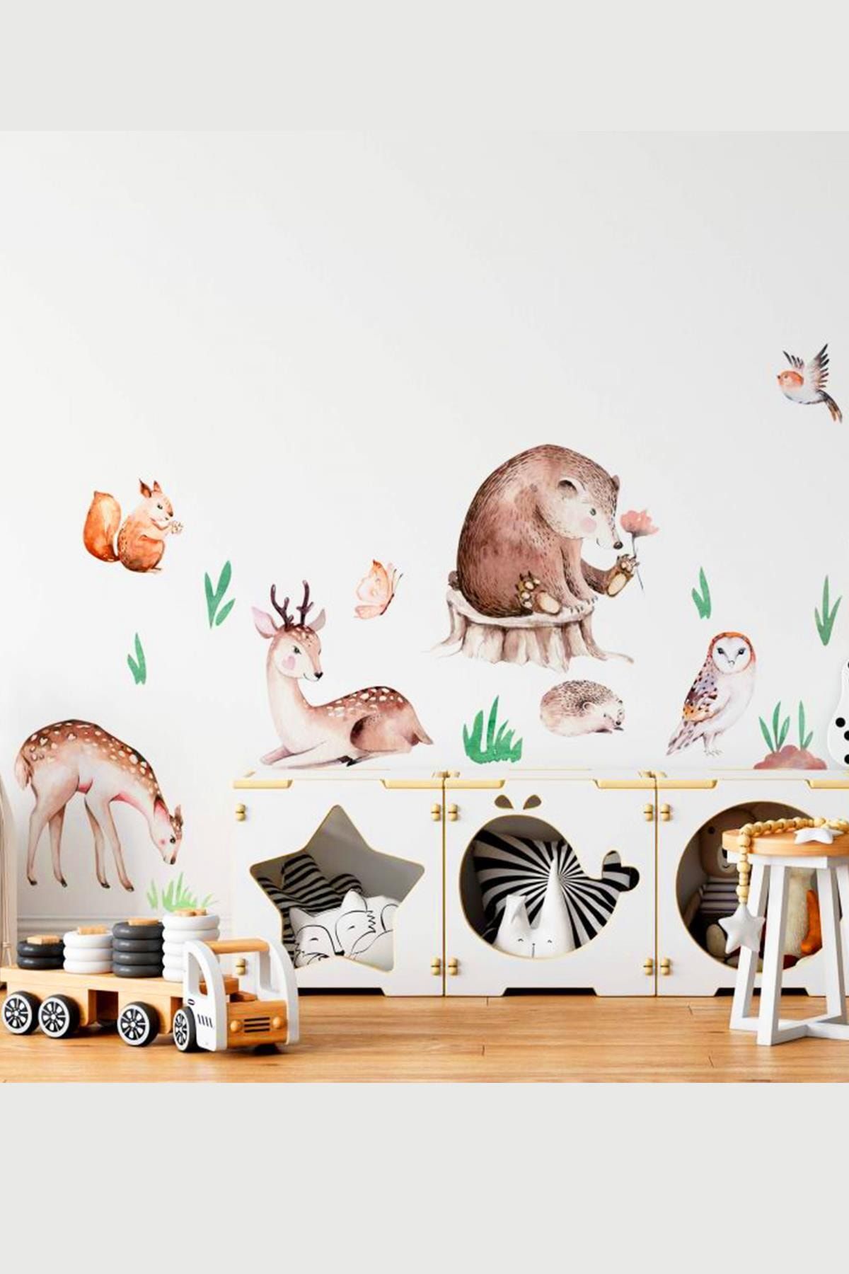 MSticker Sevimli Hayvanlar Geyik Baykuş Ayı Sincap Çocuk Odası Duvar Sticker