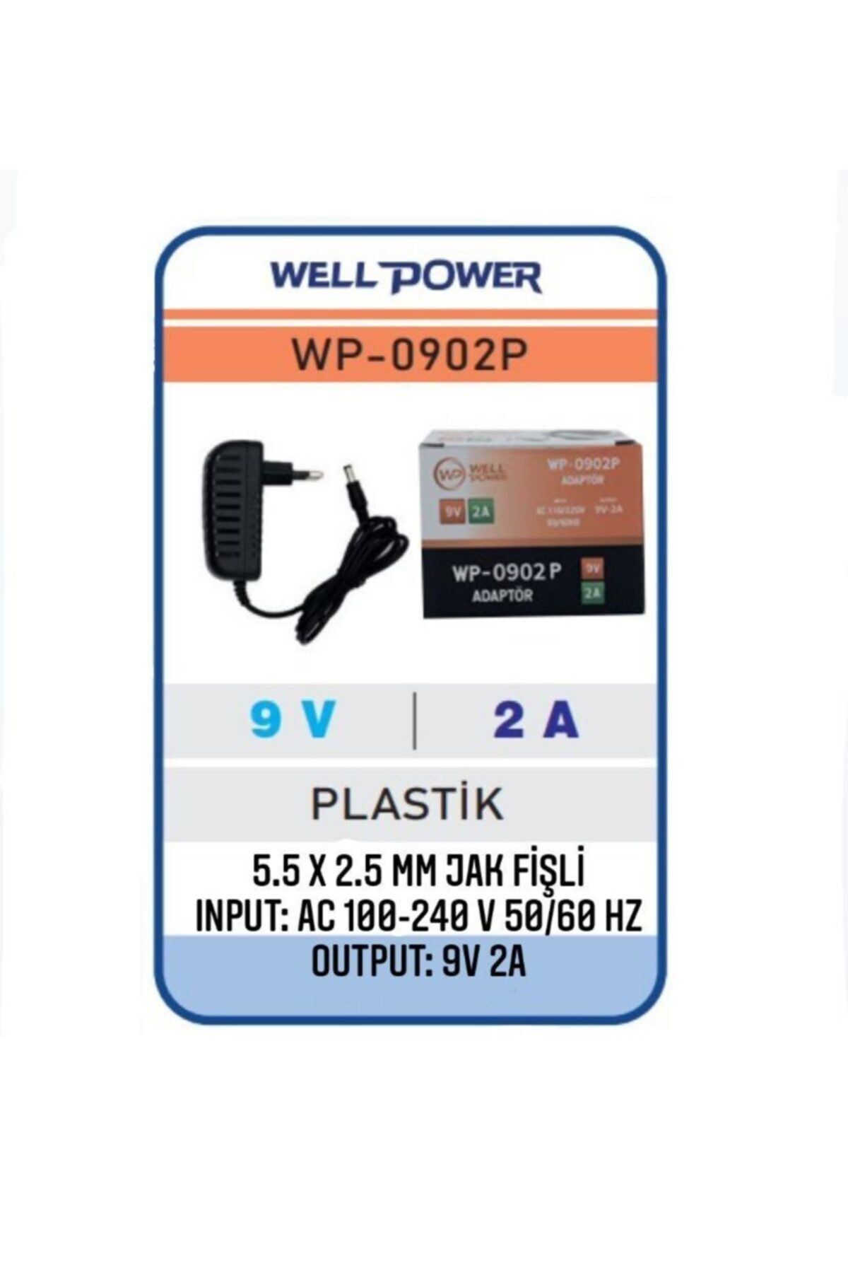 WELL POWER 9v 2a Adaptör 9 Volt 2 Amper 5.5 X 2.5 Mm Jak Fişli Plastik Kasa Wellpower Wp-0902p