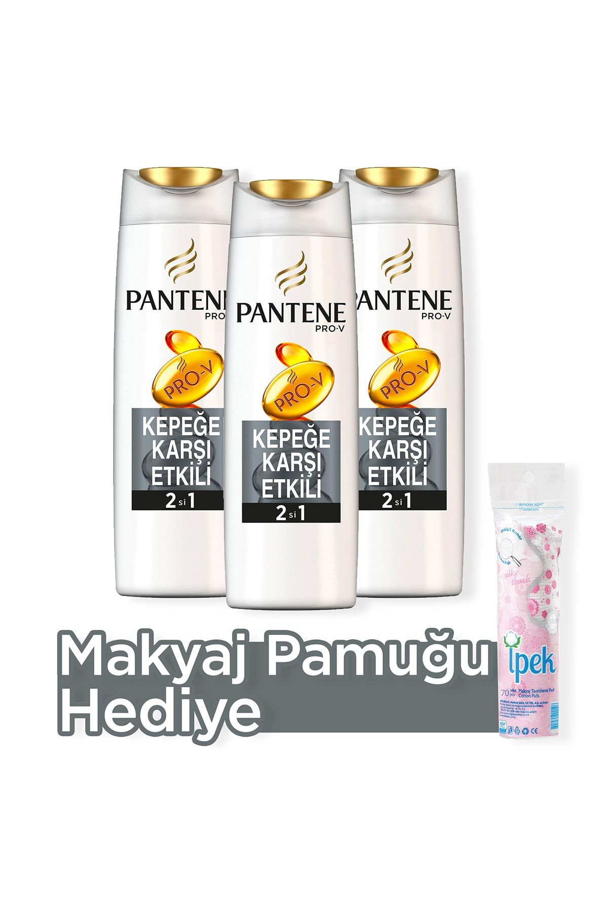 Pantene 2'si 1 Arada Şampuan ve Saç Bakım Kremi Kepeğe Karşı Etkili 500 mlx3+Makyaj Pamugu