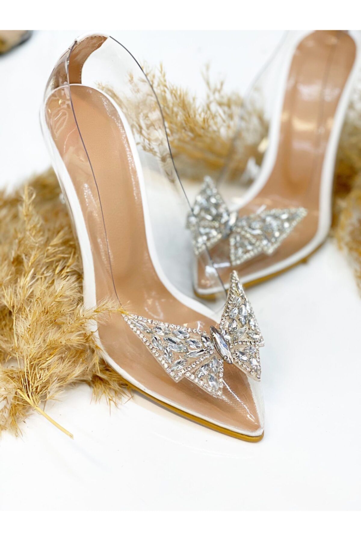 Leyla Yıldız Şeffaf Kadın Kelebek Taşlı Topuklu Ayakkabı