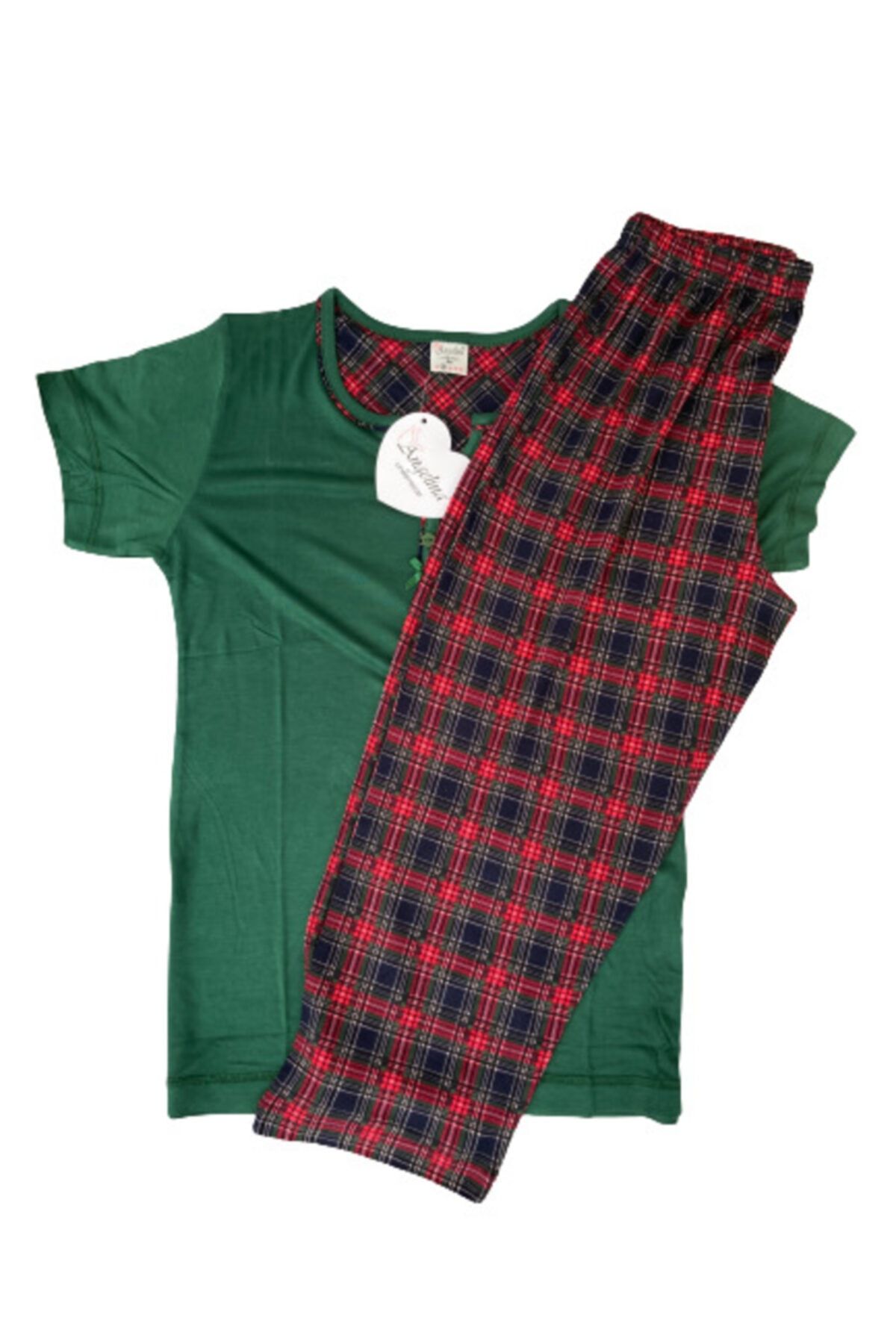 ANGELİNA Kadın Yeşil Kaprili Kısa Kol Bambu Rahat Yazlık Pijama Takımı 3444-0921