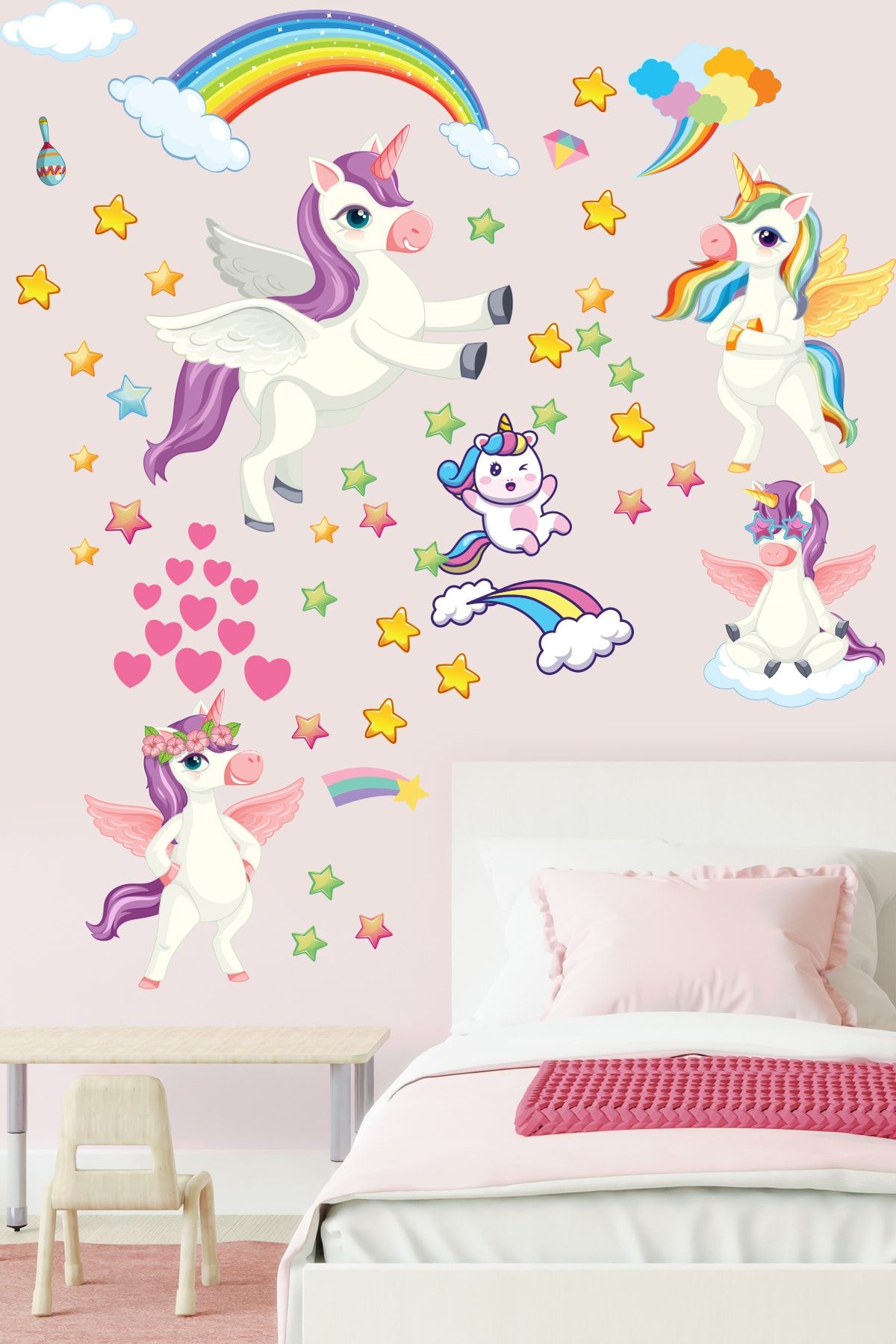 Genel Markalar Sevimli Unicorn Gökkuşağı Bulutlar Ve Yıldızlar Çocuk Odası Anaokulu Sticker Seti