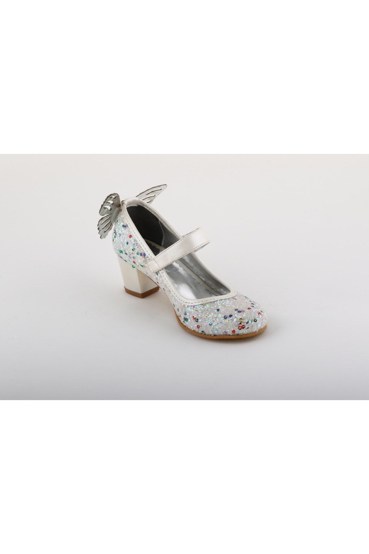 bunnyonthego Cam Kırığı Taş Işlemeli Kelebek Figürlü Beyaz Renkli Topuklu Kız Çocuk Ayakkabı