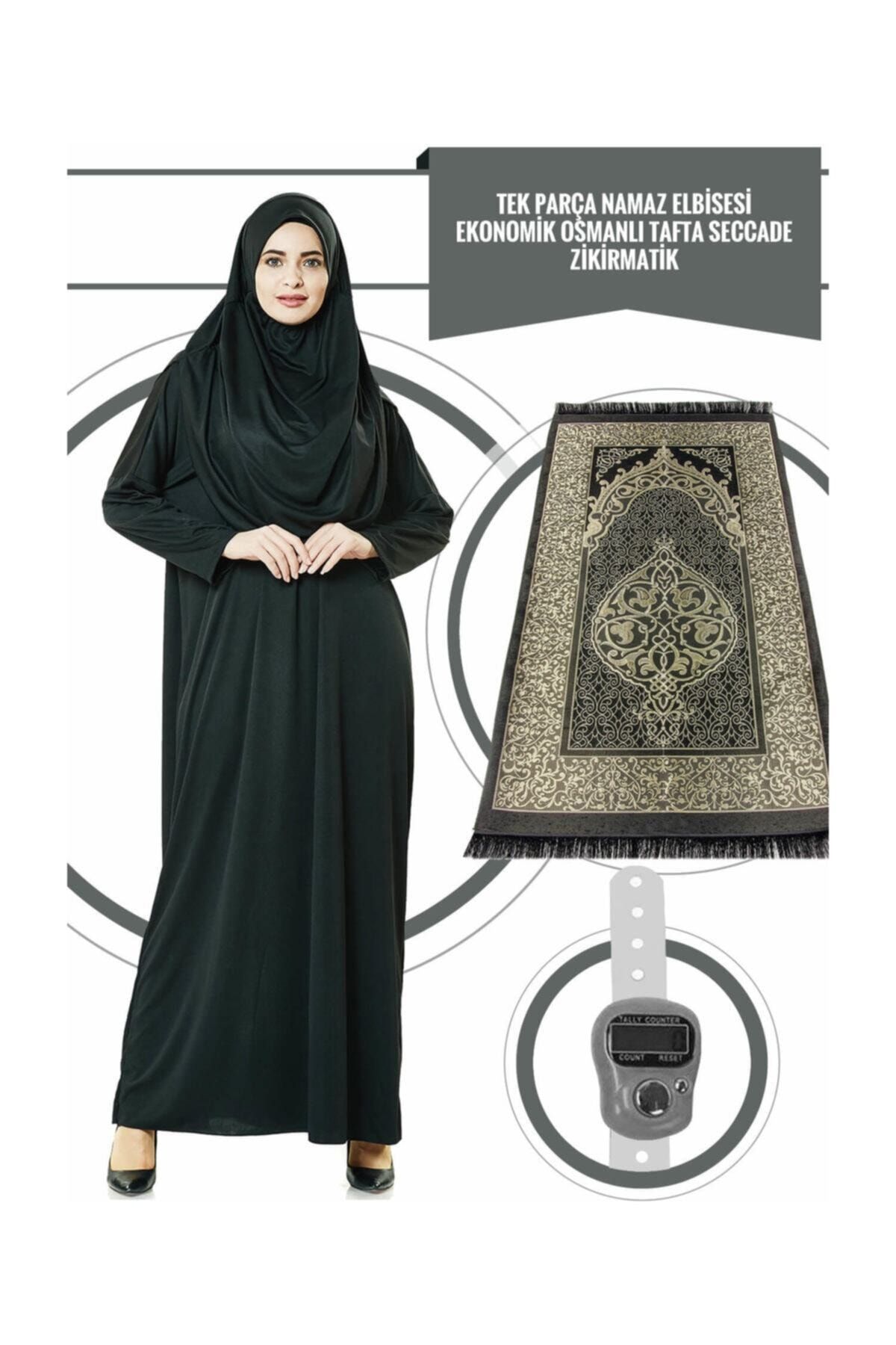 Nacar Siyah Tek Parça Tesettür Kadın Elbise & Seccade & Zikirmatik Üçlü Takım