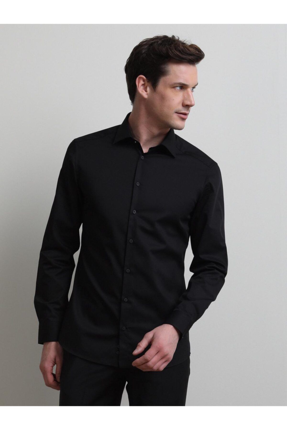 Kip Siyah Düz Slim Fit Dokuma Klasik Pamuk Karışımlı Gömlek