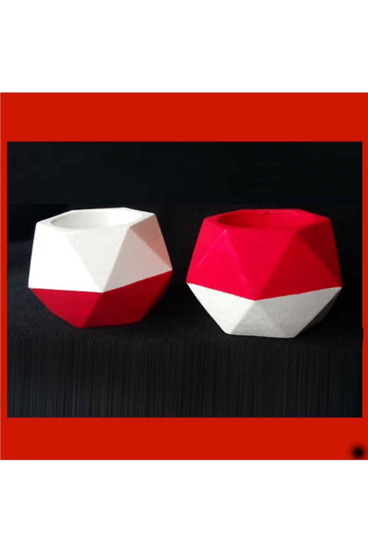 alayımbari 2'li Doğal Beton Kırmızı Beyaz Sukulent Saksı Set