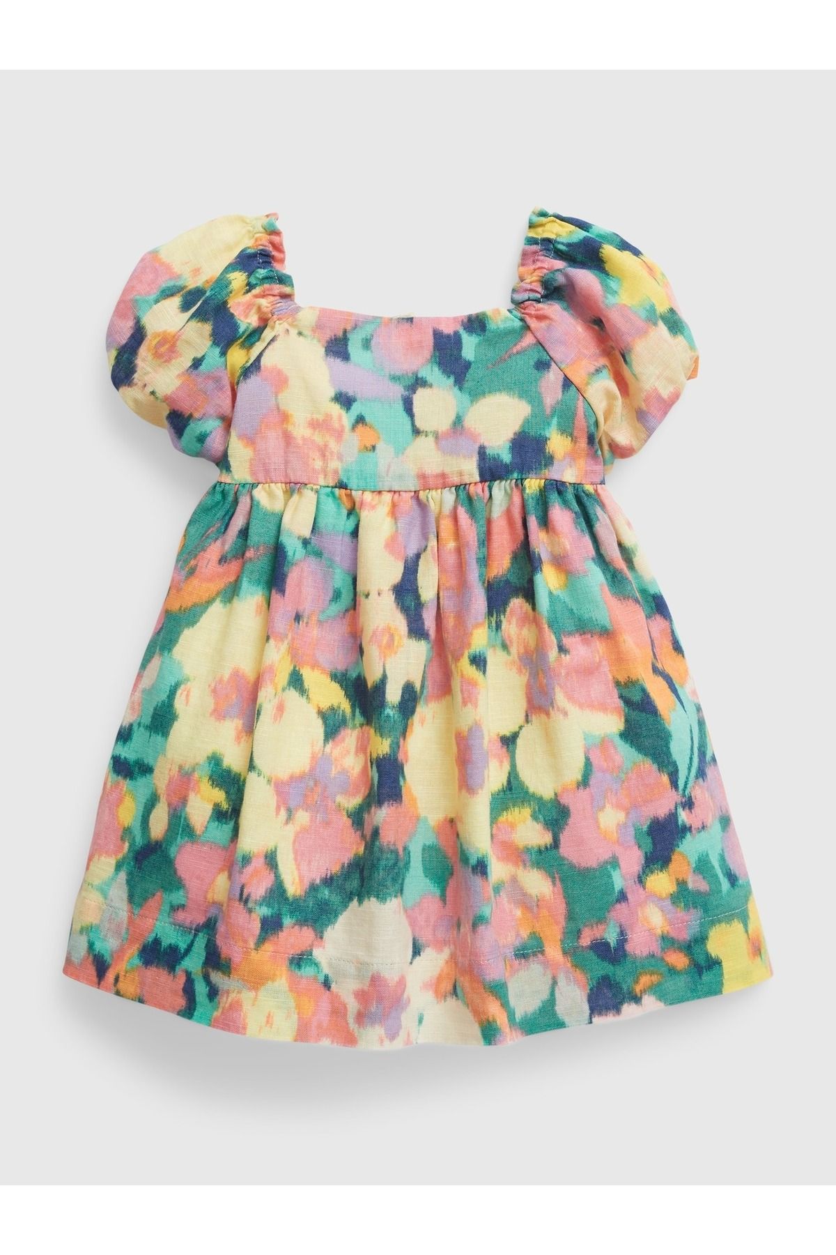 GAP Kız Bebek Çok Renkli Keten Pamuk Karışımlı Çiçek Desenli Kabarık Kol Elbise
