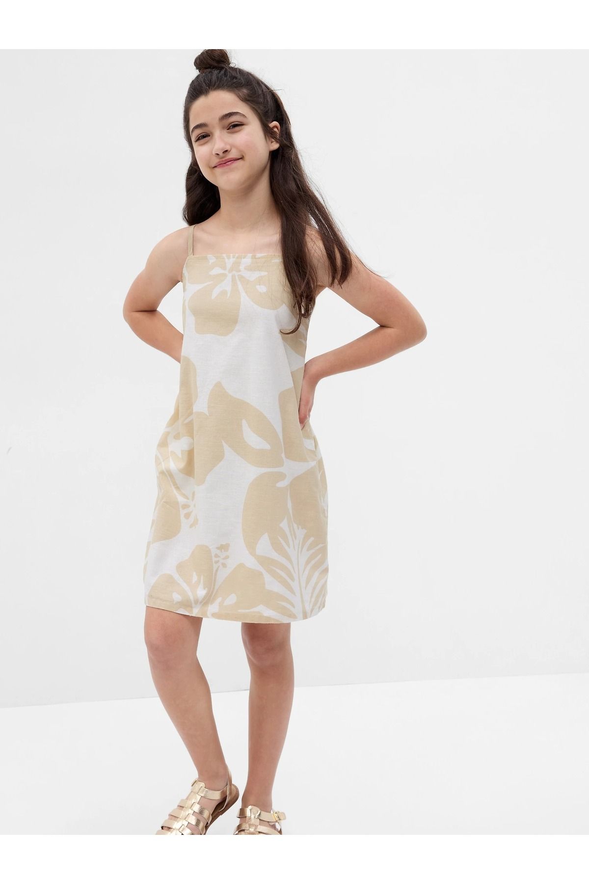 GAP Kız Çocuk Bej Keten Pamuk Karışımlı Çiçek Desenli Elbise
