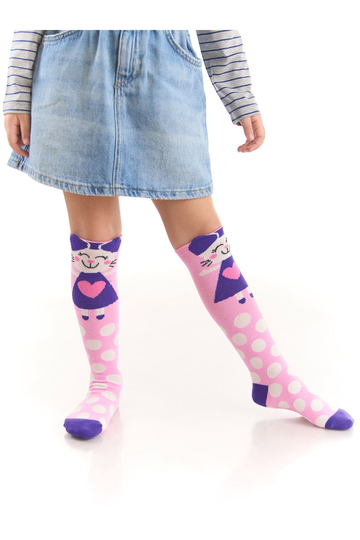 Denokids Yaramaz Kedi Kız Çocuk Pembe Dizaltı Çorap