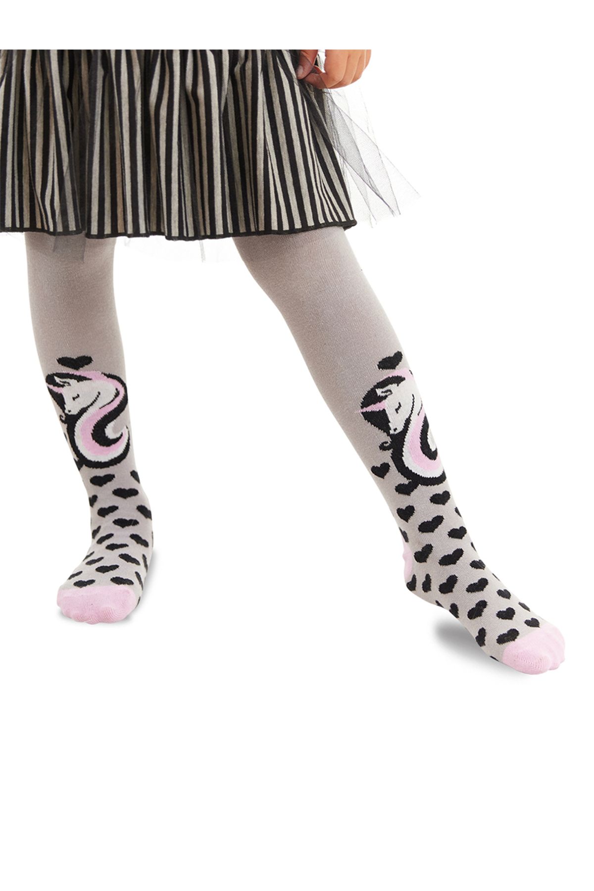 Denokids Unicorn Gri Pembe Kız Çocuk Külotlu Çorap