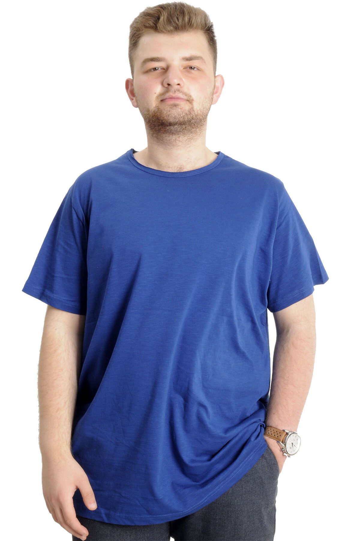 Modexl Mode XL Büyük Beden Erkek T-shirt FLAM Yaka Basic 20035 İndigo