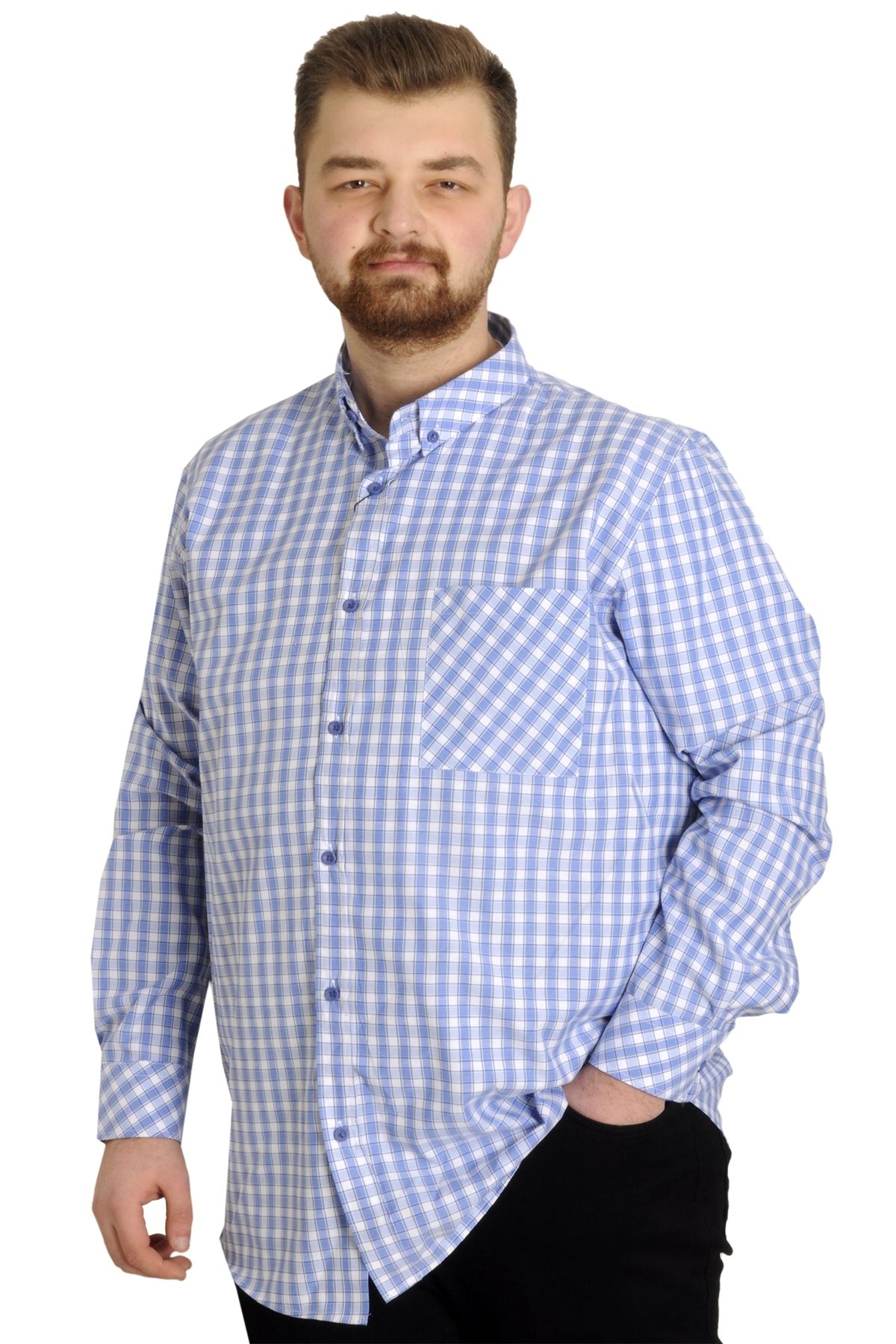Modexl Mode Xl Büyük Beden Erkek Ekose Uzun Kollu Cepli Gömlek 23300 Mavi