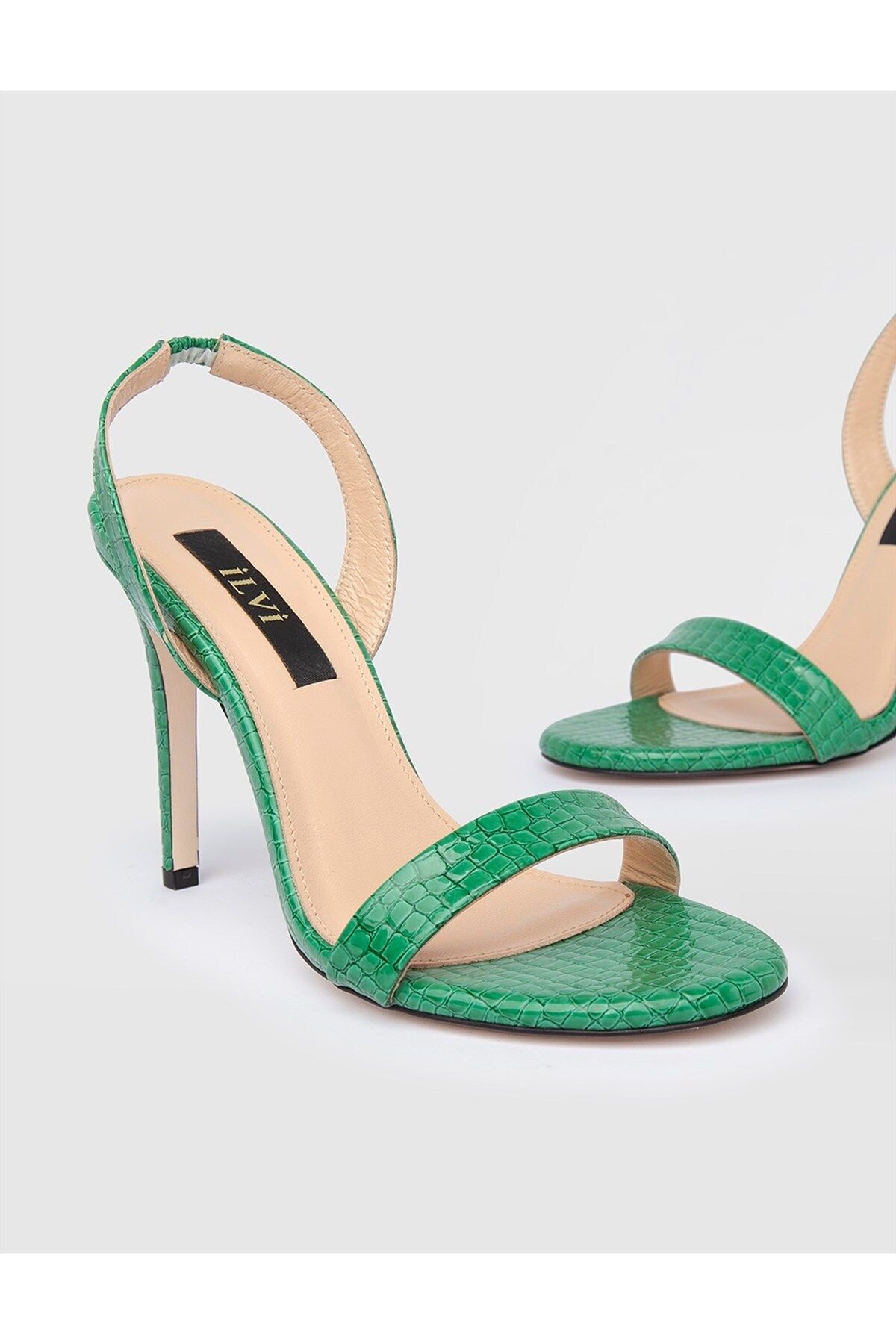 İlvi Barclay Hakiki Kroko Deri Kadın Yeşil Topuklu Sandalet