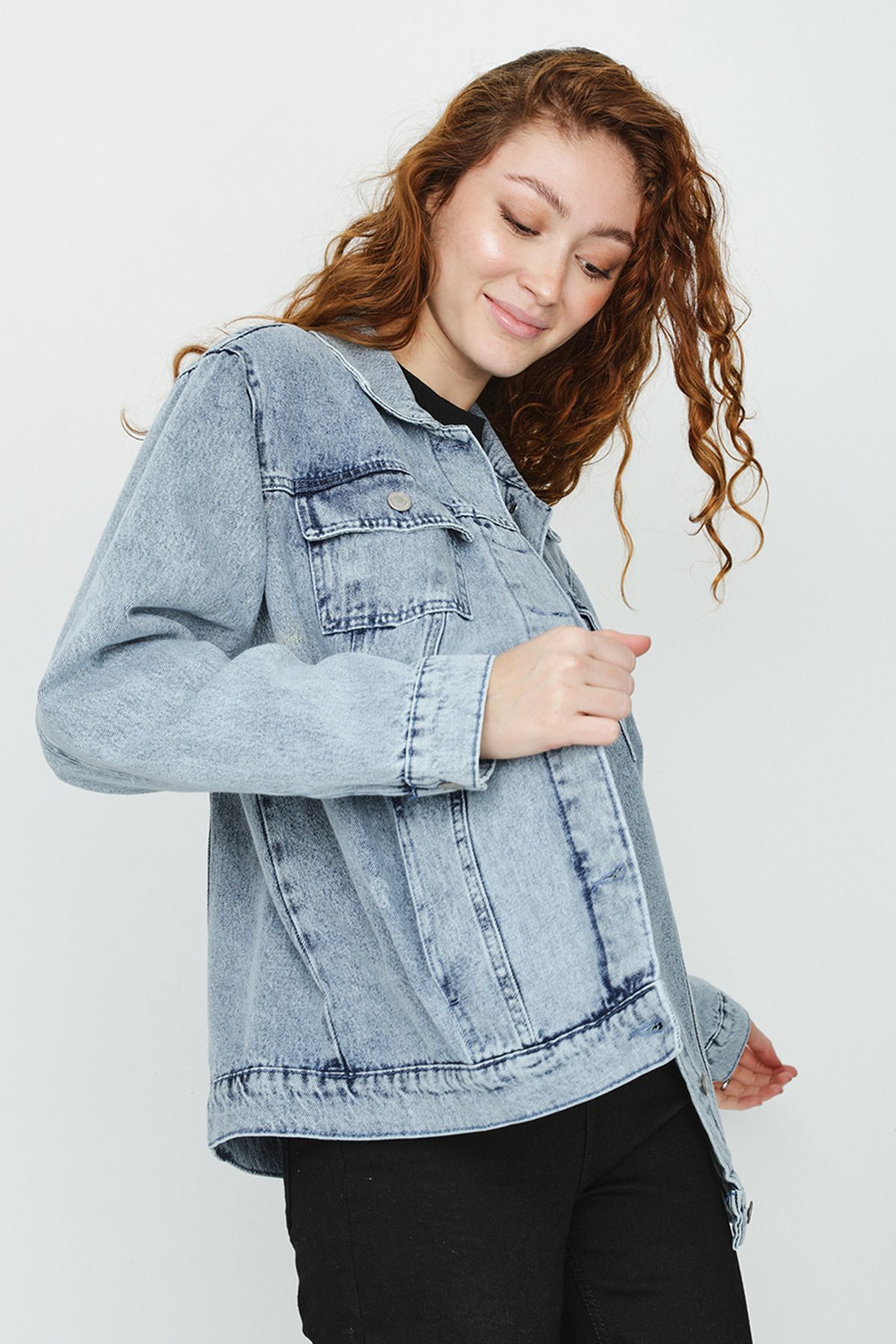 Select Moda Kadın Mavi Cepli Oversize Denim Ceket