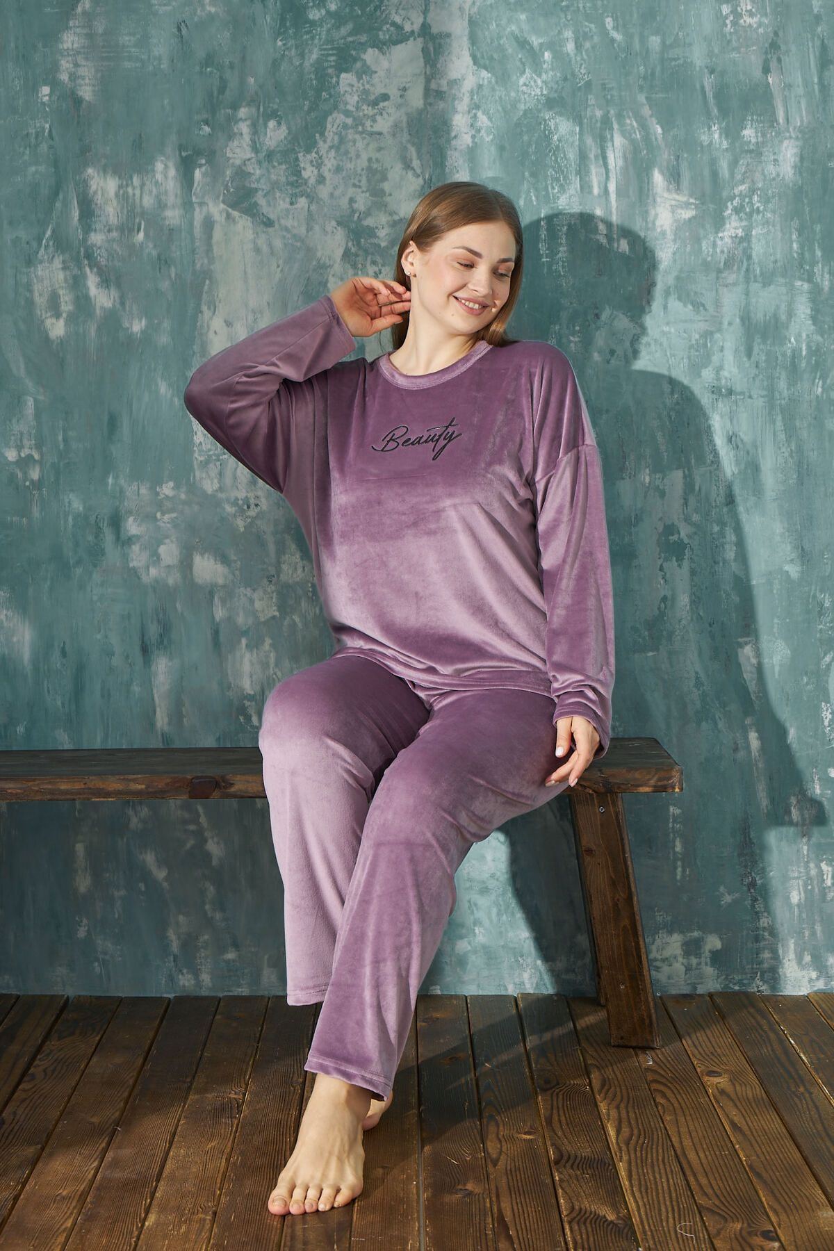 Meba Kadın Kışlık Büyük Beden Fransız Kadife Pijama Takımı Lila Beauty-1 13208