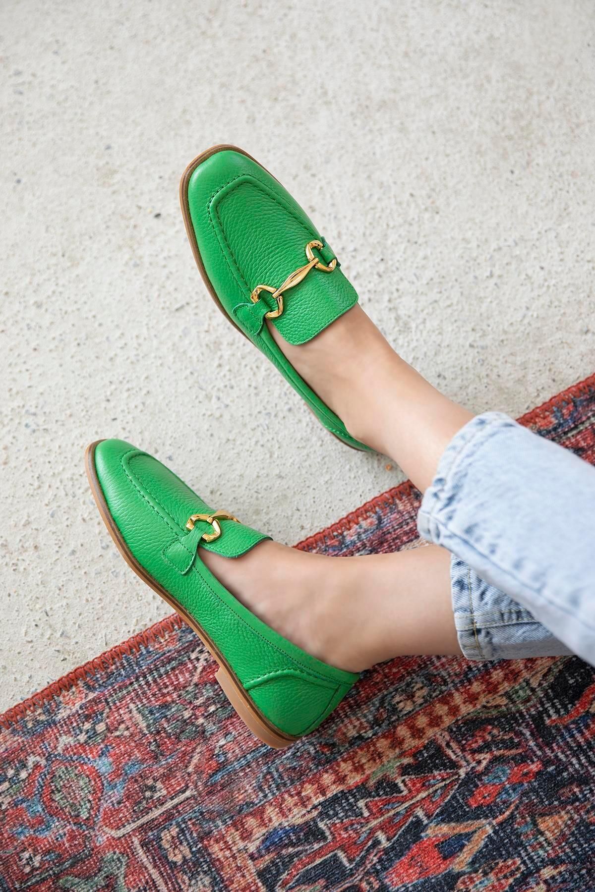 Straswans Kaira Kadın Baskı Detay Hakiki Deri Makosen Ayakkabı Yeşil