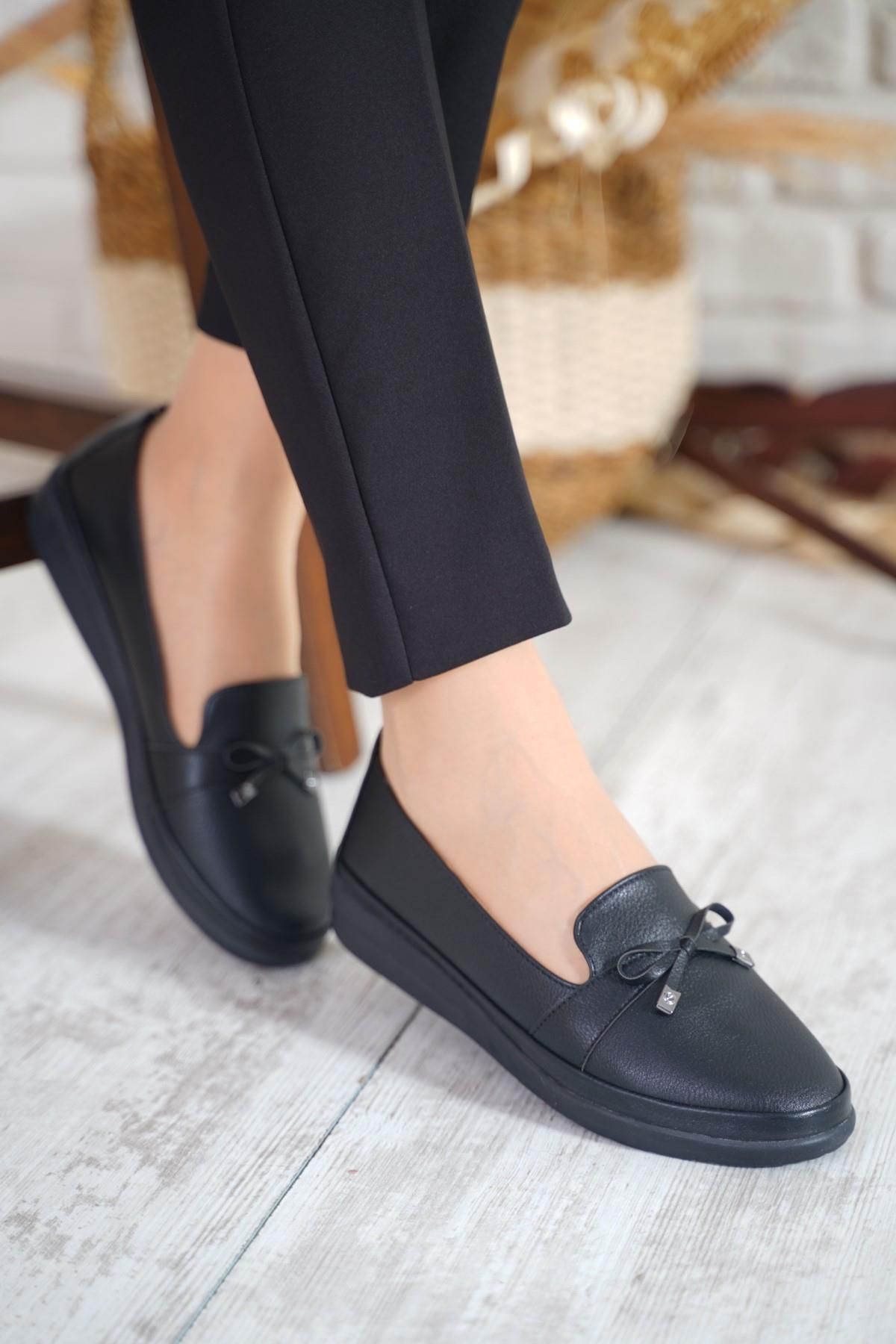 Moda Pie Kibele Düz Fiyonklu Kadın Ortapedik Ayakkabı Siyah Cilt