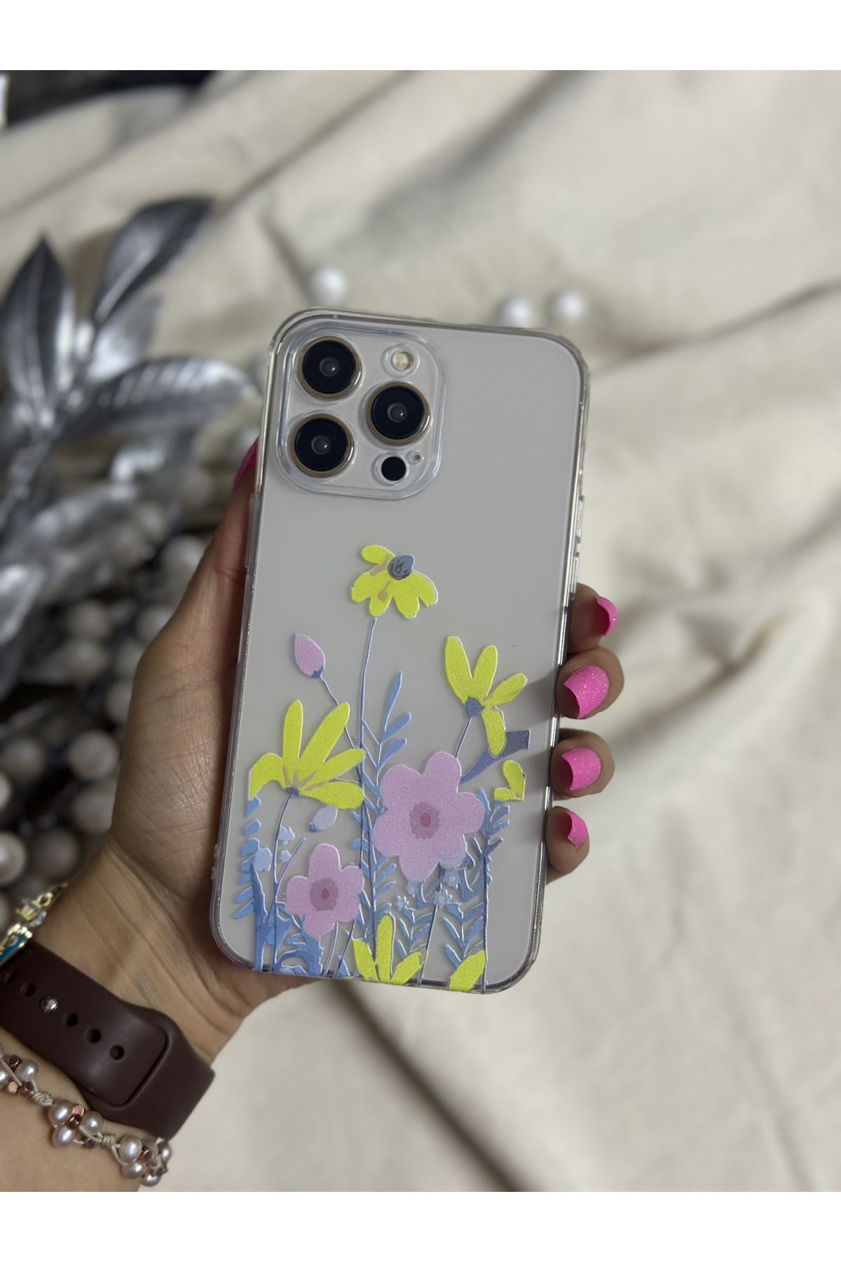 madamperi İphone 15 Promax Şeffaf Bahar Çiçek Desenli Kılıf