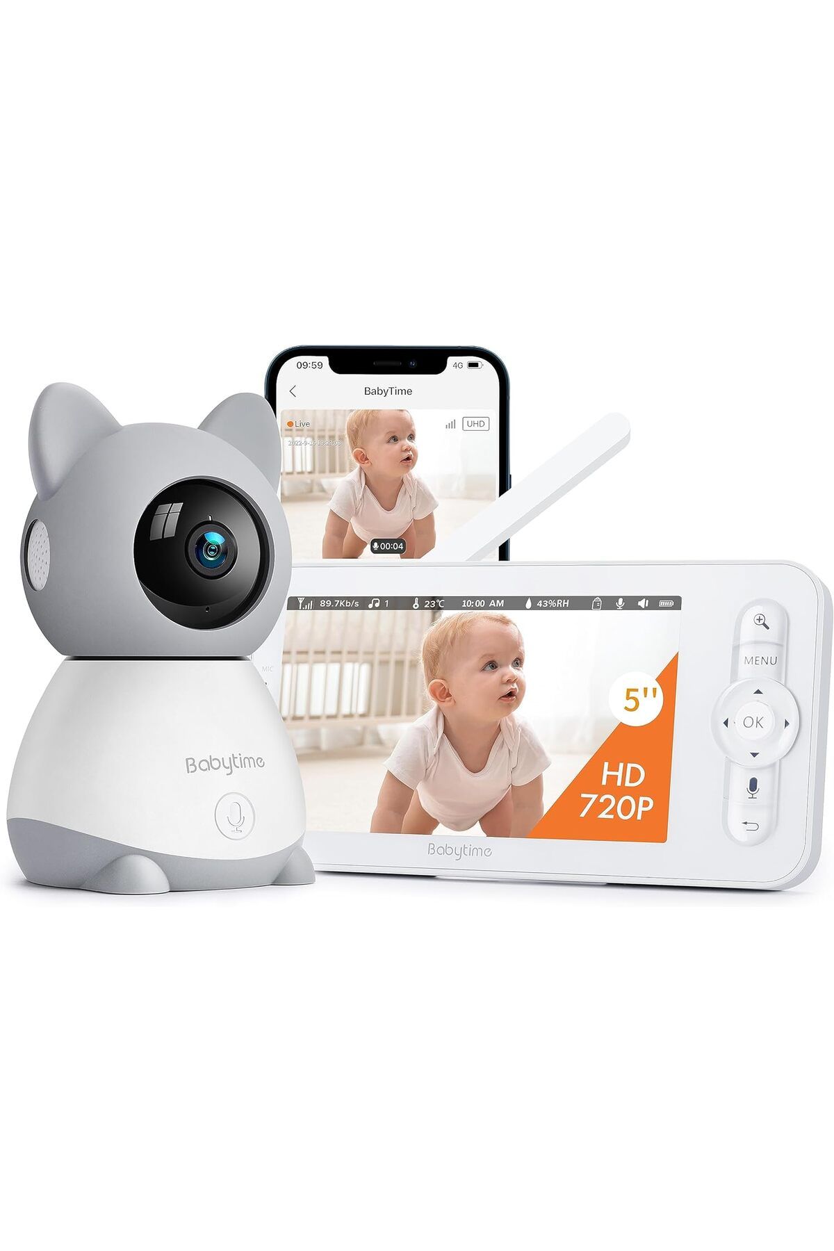 Babytime Video bebek telefonu, 1080P Pan/Tilt kameralı 5 inç renkli ekran, kızılötesi gece görüşü