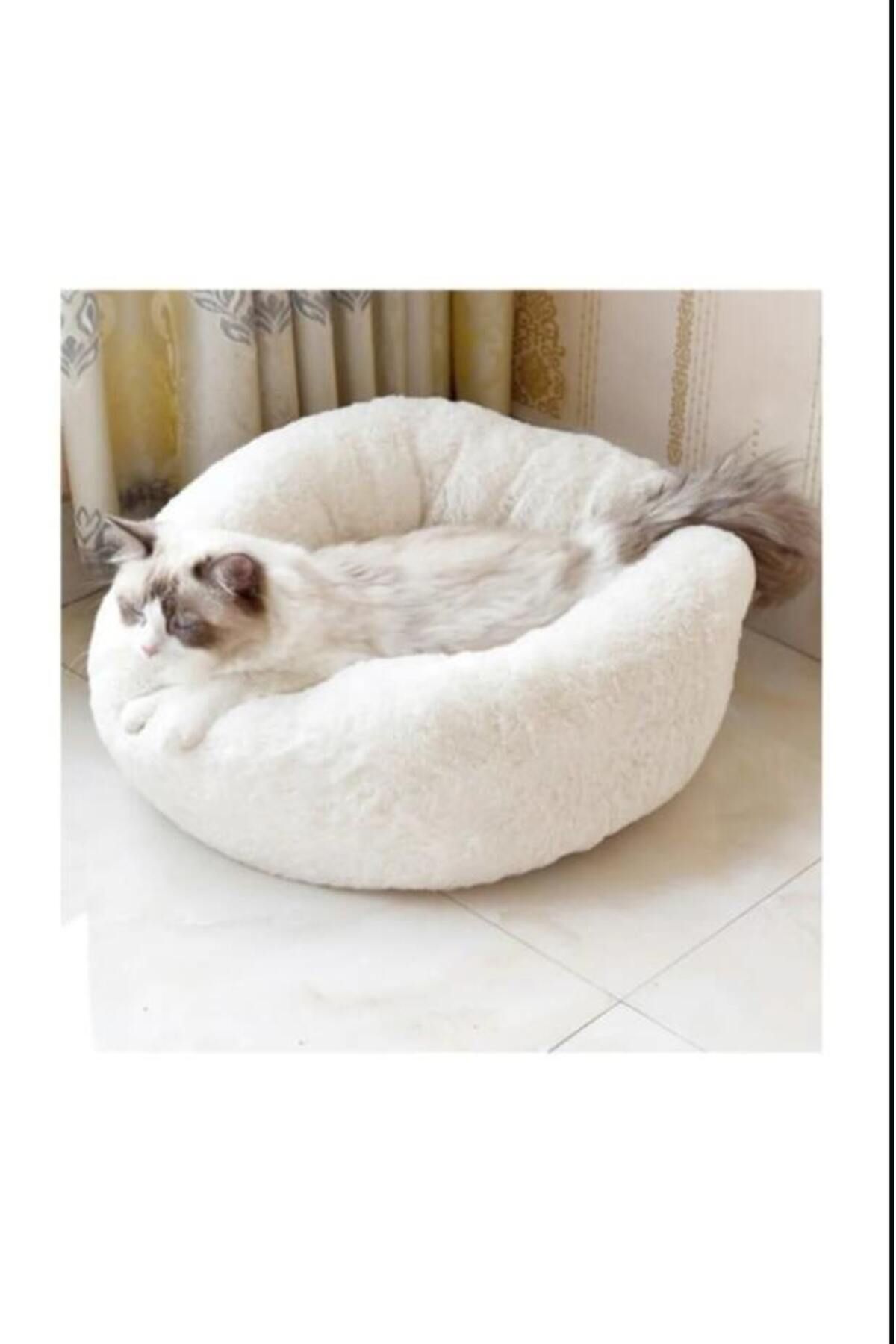 Ottoman center GÜPO BEBE beyaz kedi yatağı - kedi minderi - simit yatak - sıcak tutan yatak - kışlık kedi yatağı