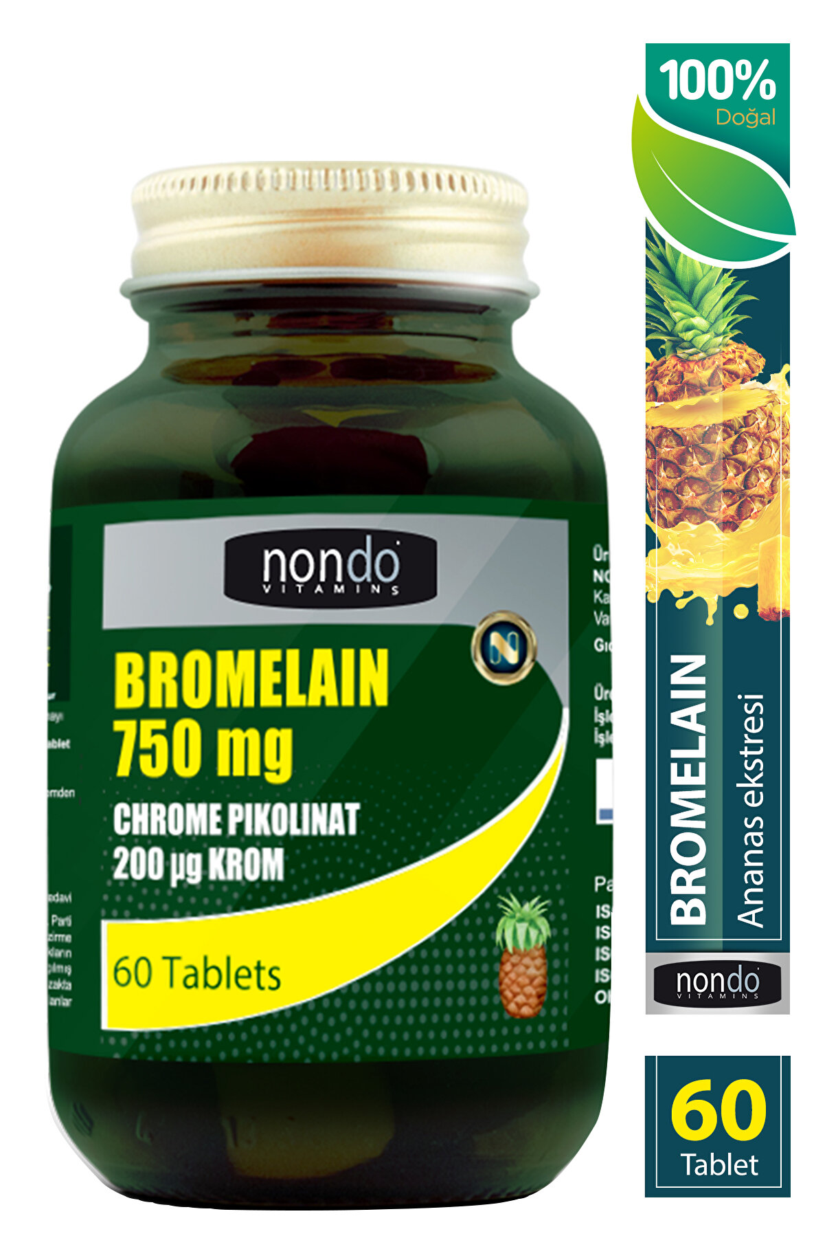 Nondo Bromelain 750mg Krom Pikolinat 60 Tablet Bromelian Ananas Özü Krom C Vitamini B12 Vitamini