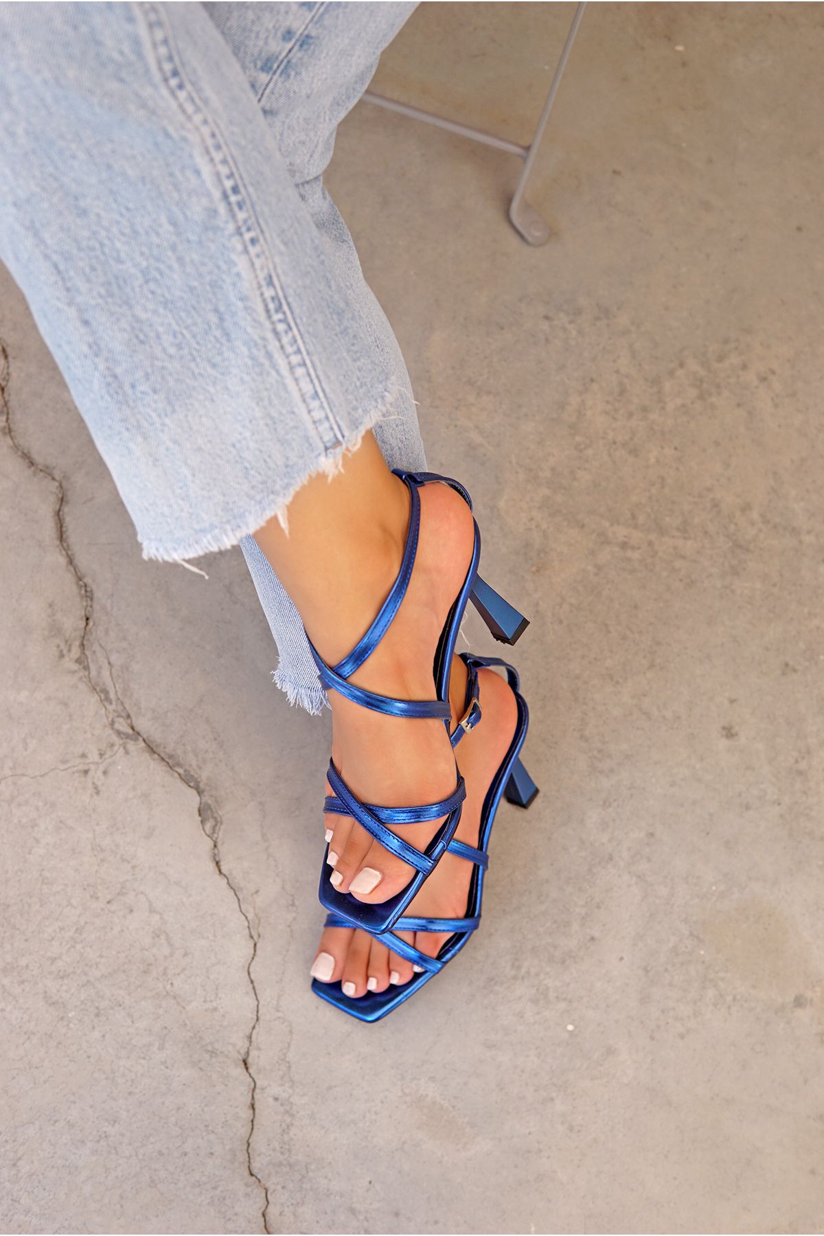 LAMİNTA Delight Saks-Mavisi Şerit Detaylı Kadın Topuklu Ayakkabı