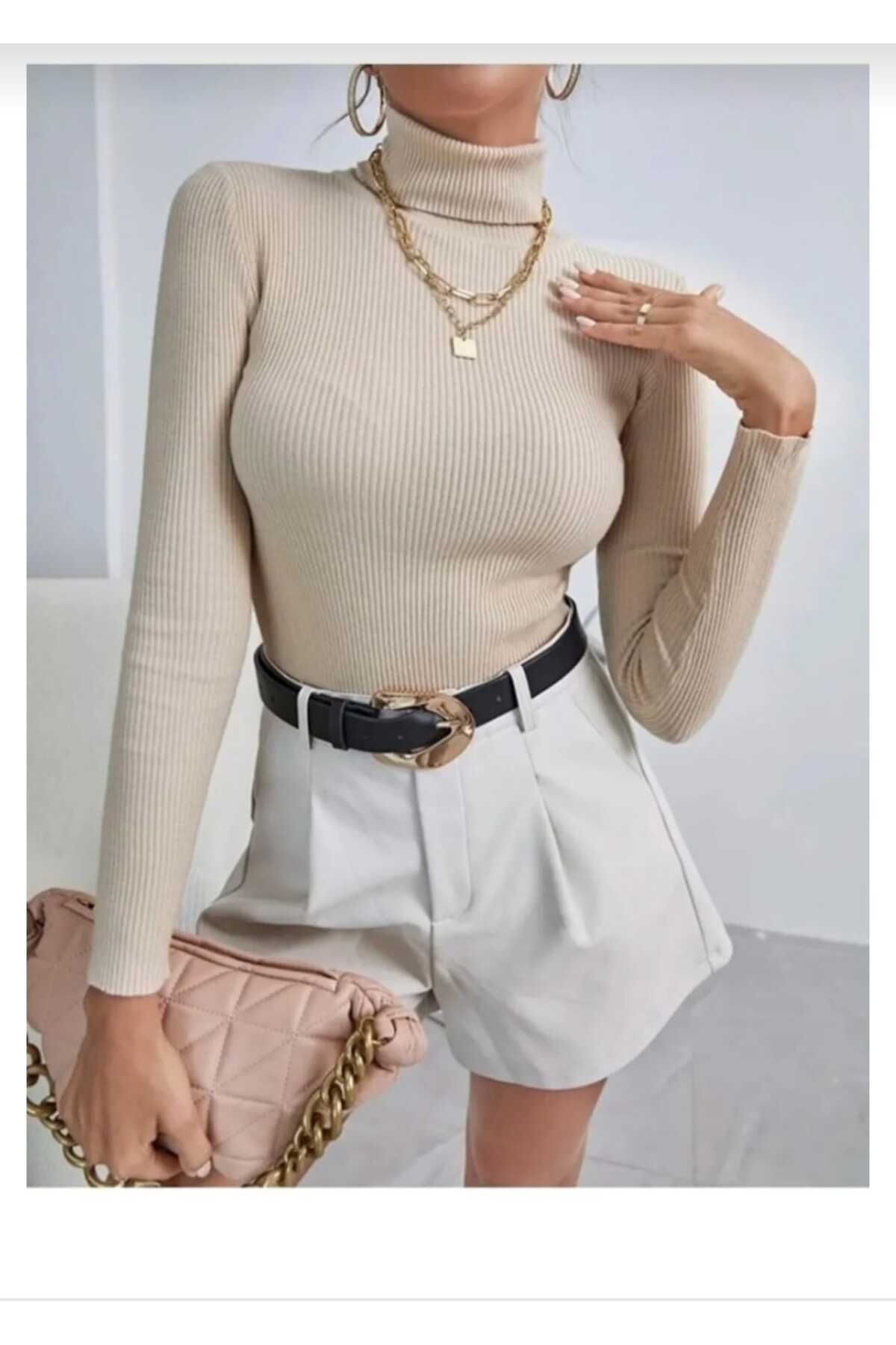 Genel Markalar Unisex Açık Mavi Pamuklu Kumaş Balıkçı Yaka Kaşkorse Şardonlu Slimfit Boğazlı Kazak