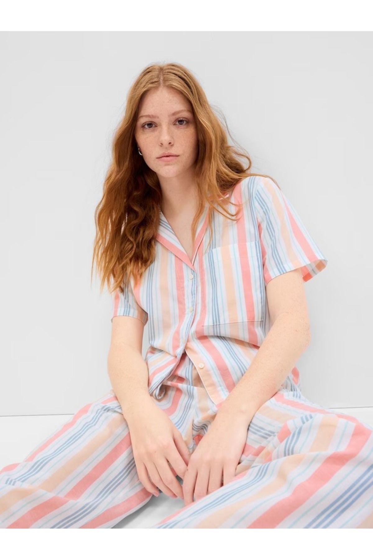 GAP Kadın Çok Renkli Çizgili Poplin Pijama Üstü