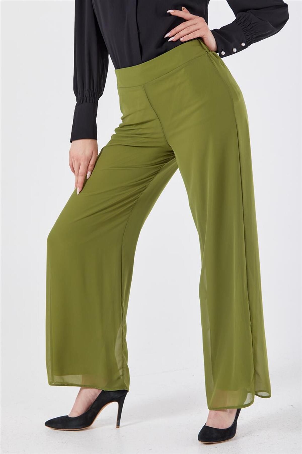Levidor Çift Katmanlı Şifon Geniş Paça Yeşil Pantolon