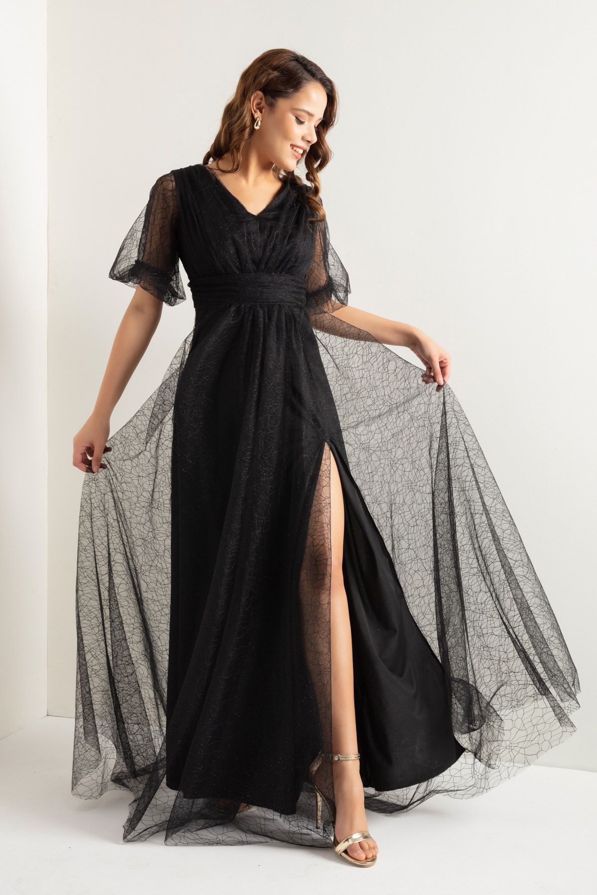 Lafaba Kadın Siyah Balon Kol Simli Uzun Abiye Elbise