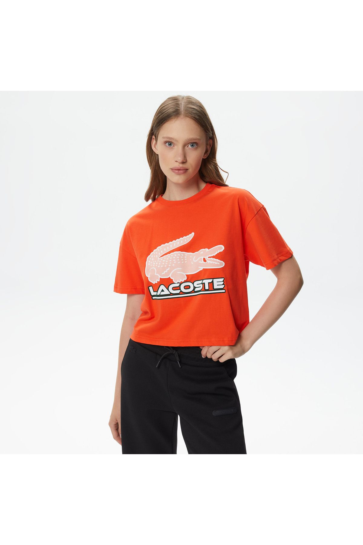 Lacoste Kadın Crop Fit Bisiklet Yaka Baskılı Turuncu T-shirt