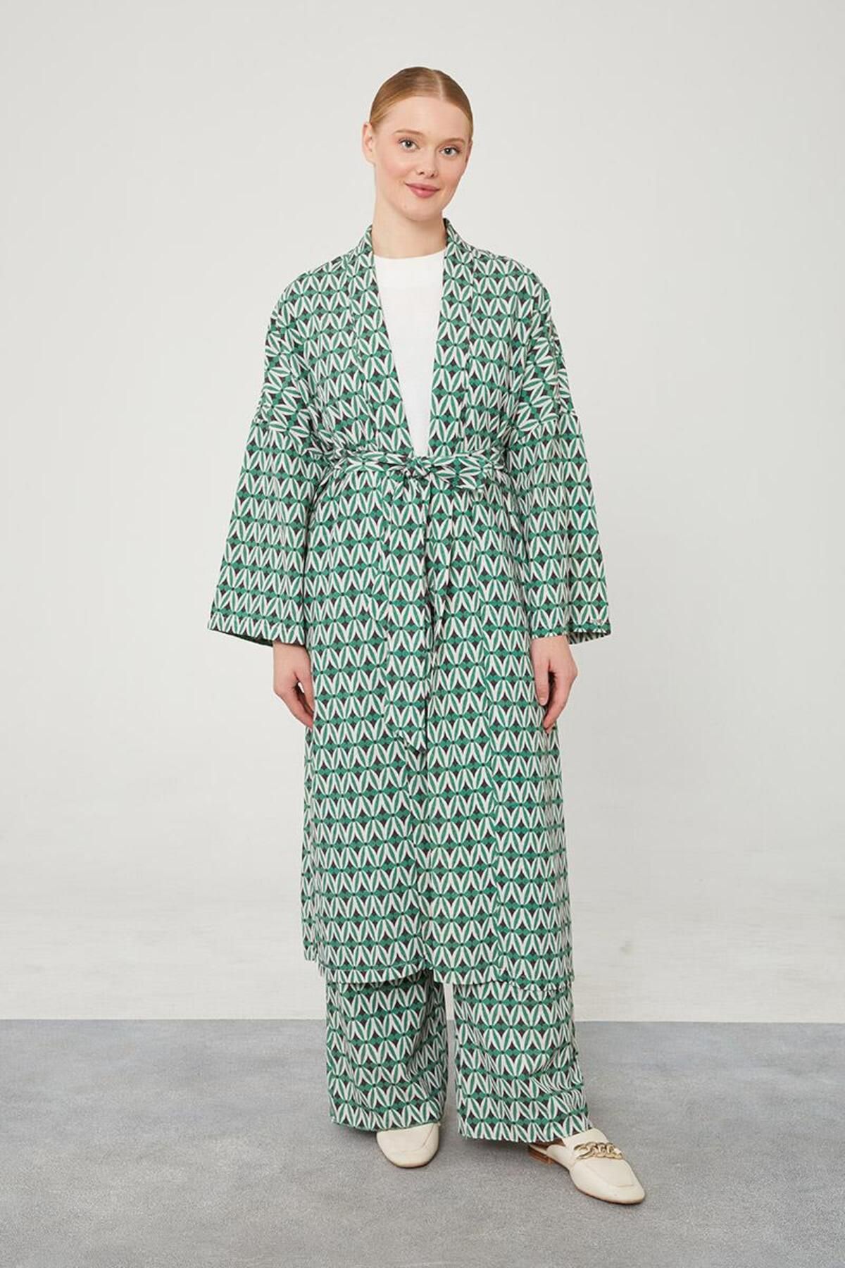 Levidor Yeşil Desenli Keten Kuşak Bağlamalı Kimono Takım